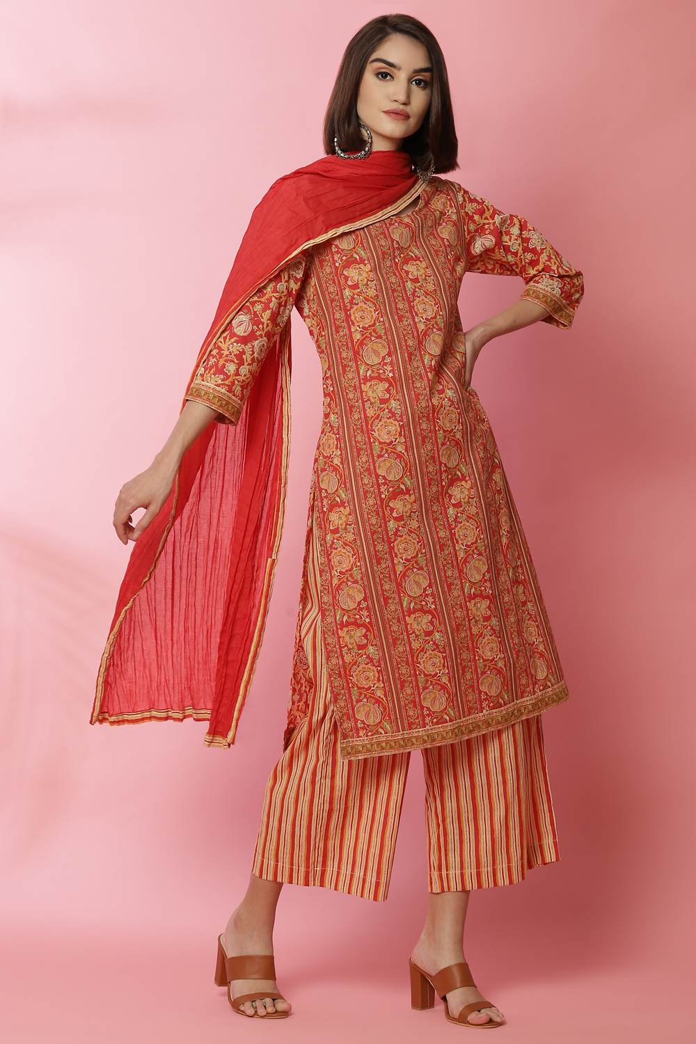 Red Cotton Straight Kurta Palazzo Suit Set image number 4