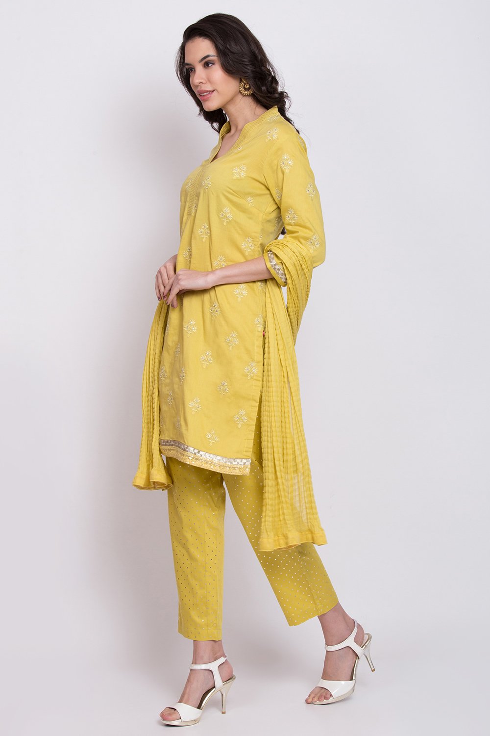 Yellow Cotton Straight Kurta Pant Suit Set image number 2