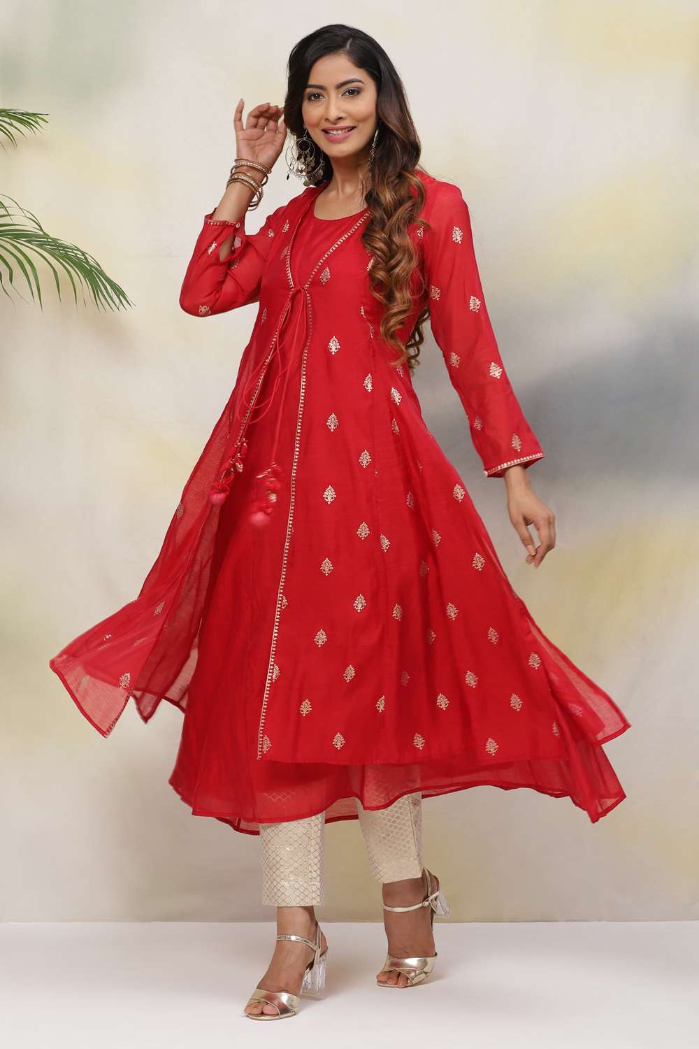 Red Flared Poly Modal Yarndyed Kurta image number 4