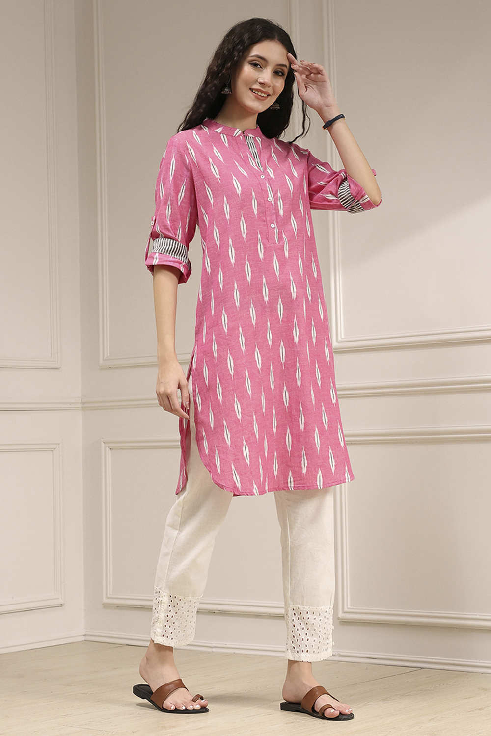 Pink Cotton Straight Yarndyed Kurta image number 4