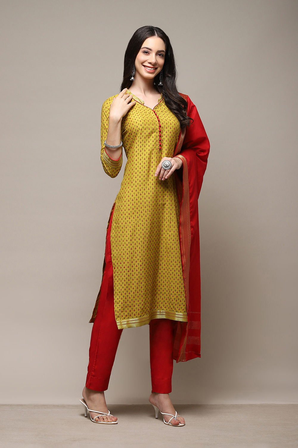 Yellow Cotton Handloom Unstitched Suit Set image number 7