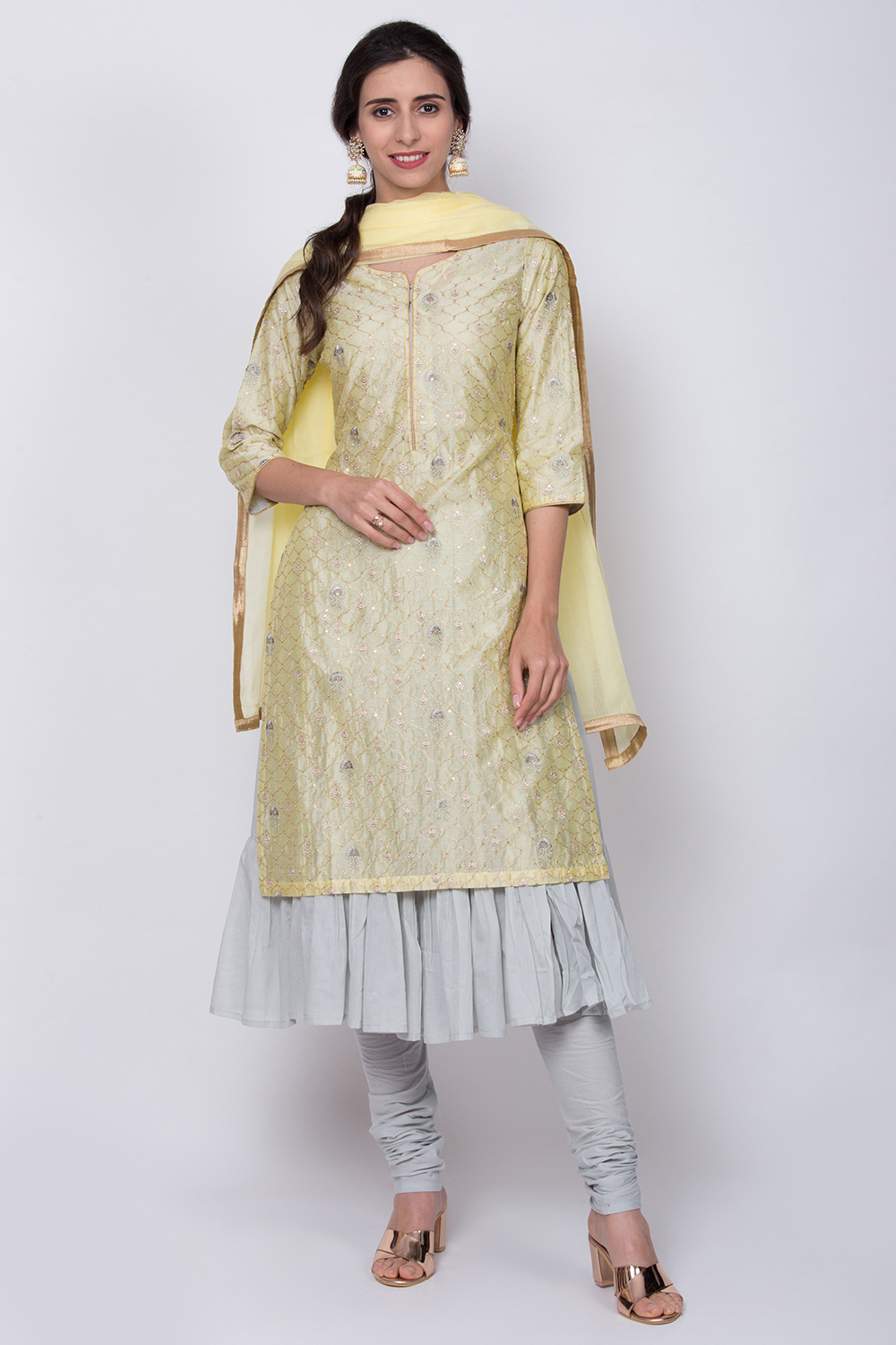 Lemon Yellow Double Layered Kurta Churidar Suit Set image number 3