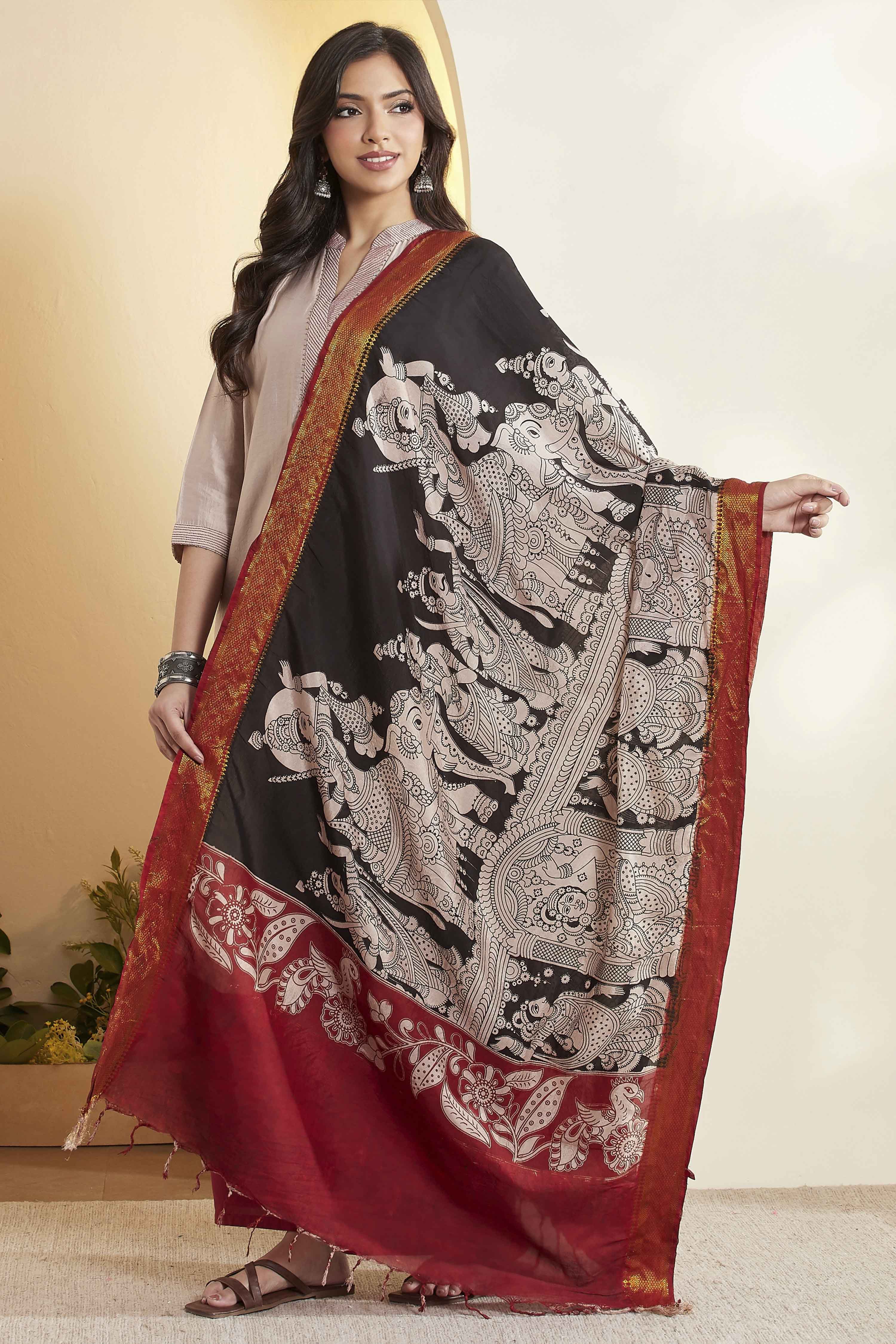 Black Chennur Silk Kalamkari- Inspired Dupatta image number 3