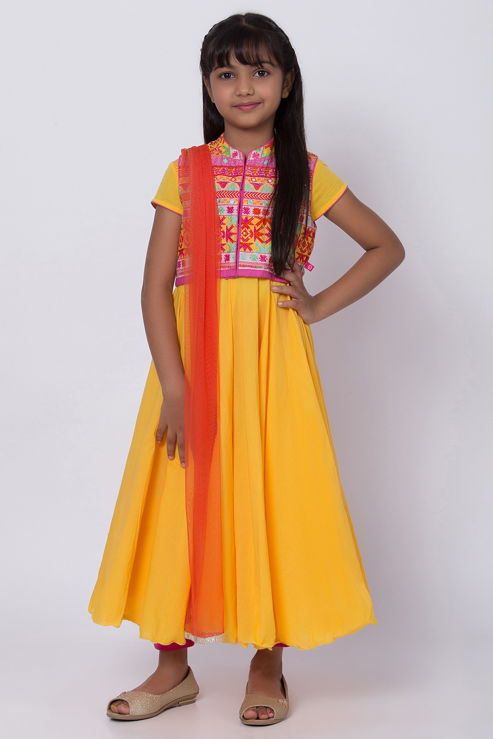 Yellow Cotton Anarkali Kurta Churidar Suit Set image number 0