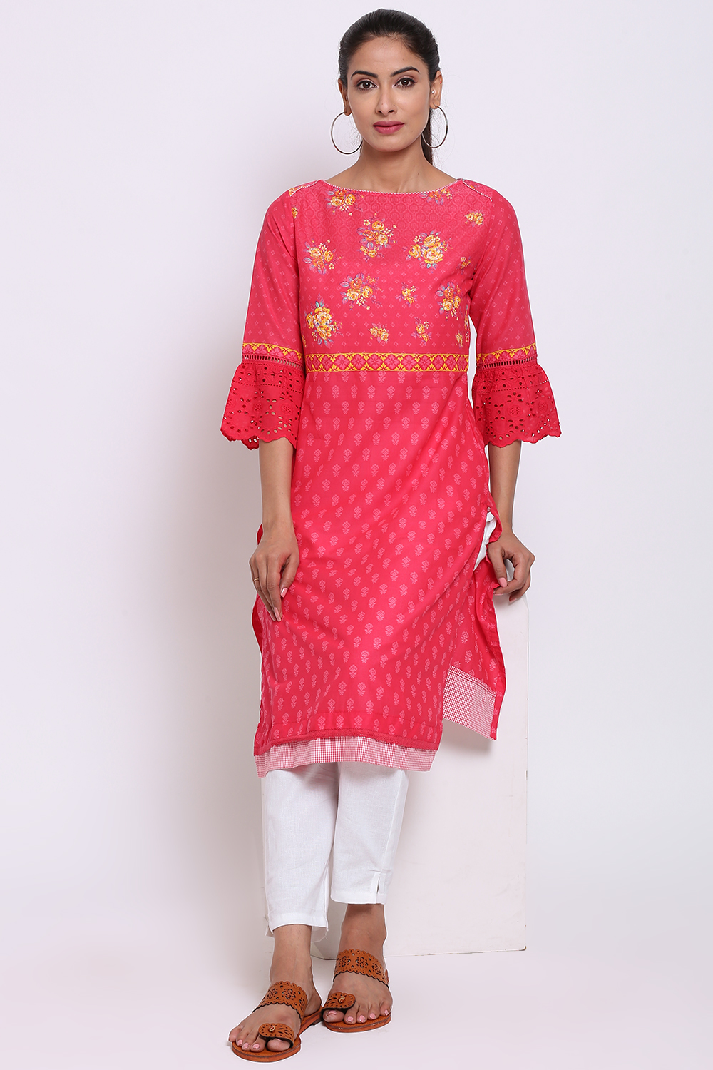 Pink Cotton Straight Printed Kurta image number 3