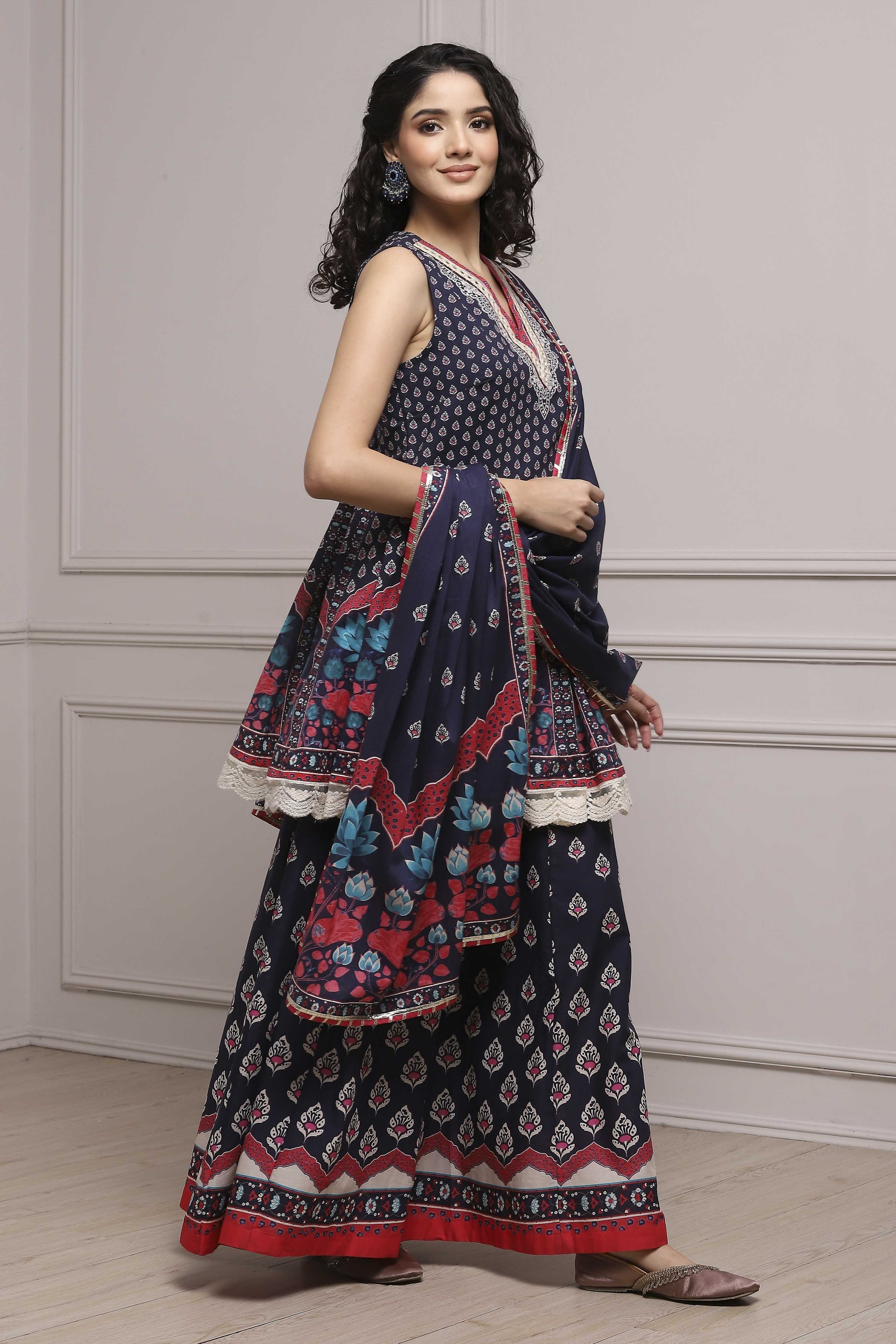 Off White/Blue Cotton Printed Sharara Suit Set image number 5