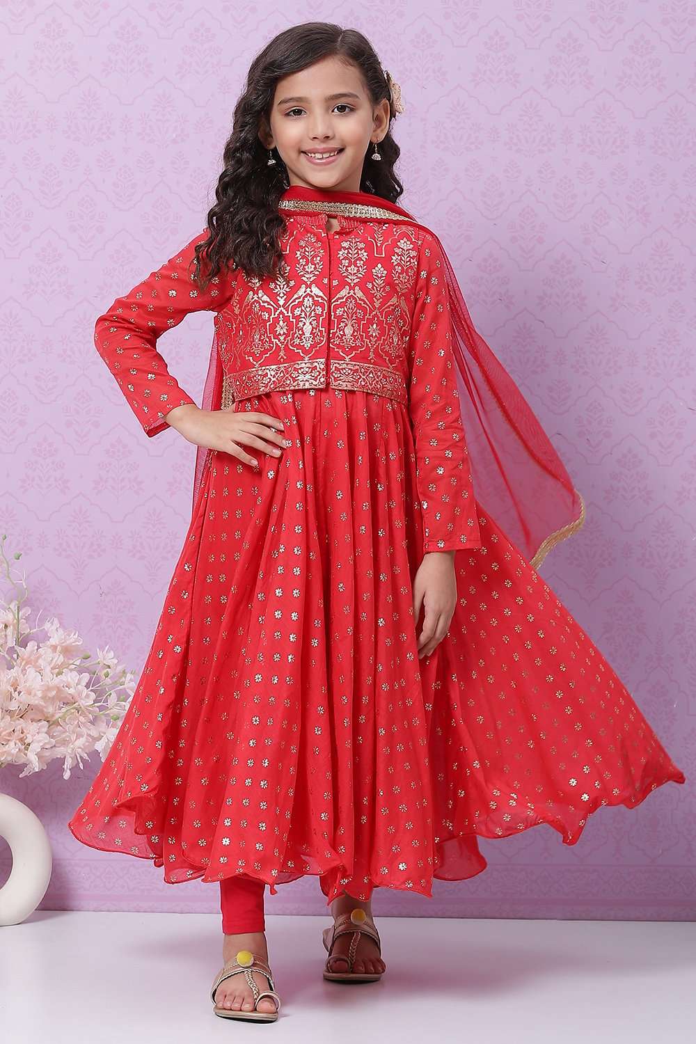 Red Cotton Anarkali Kurta Churidar Suit Set image number 0