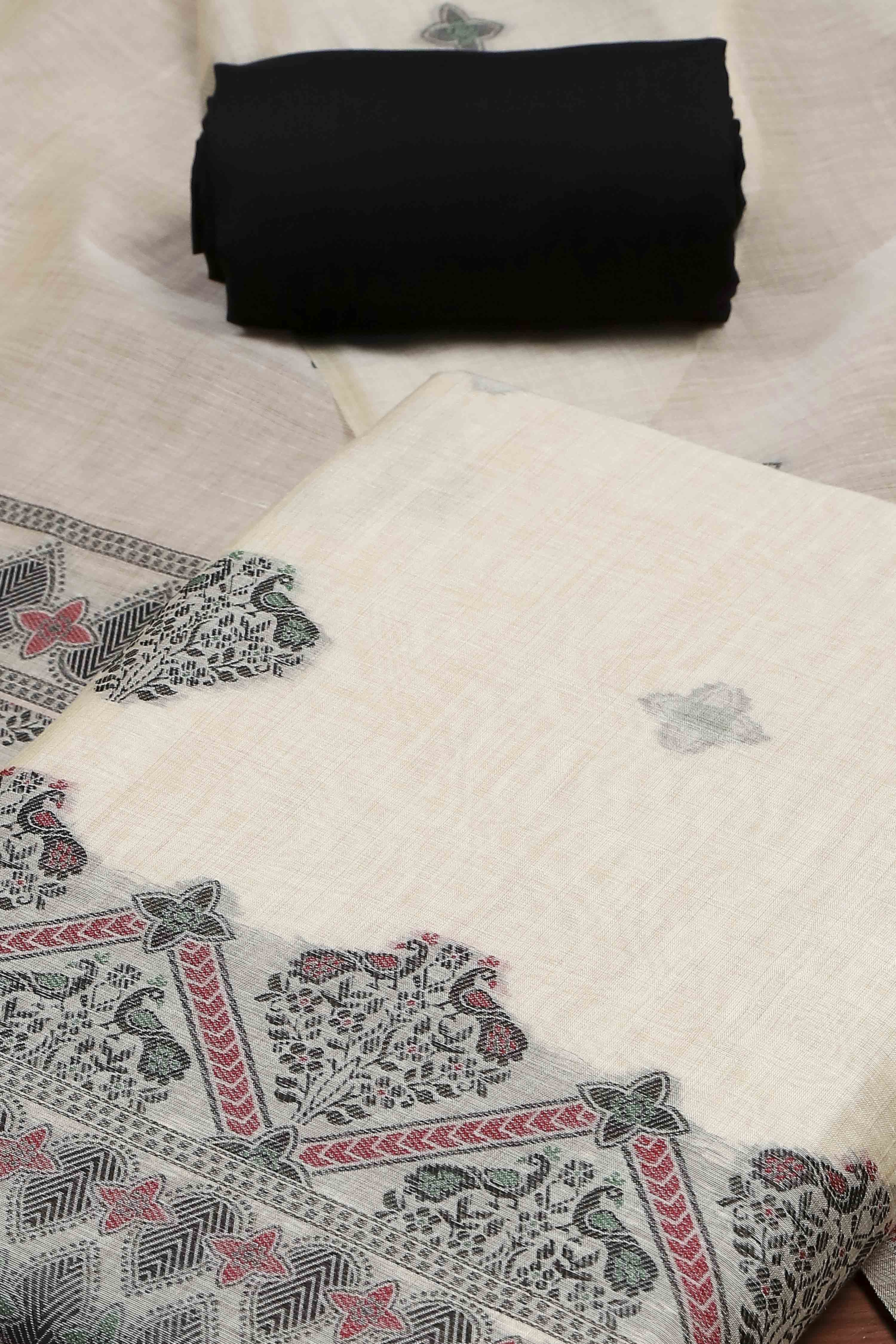 Black Cotton Printed Embroidered Unstitched Suit Set image number 1
