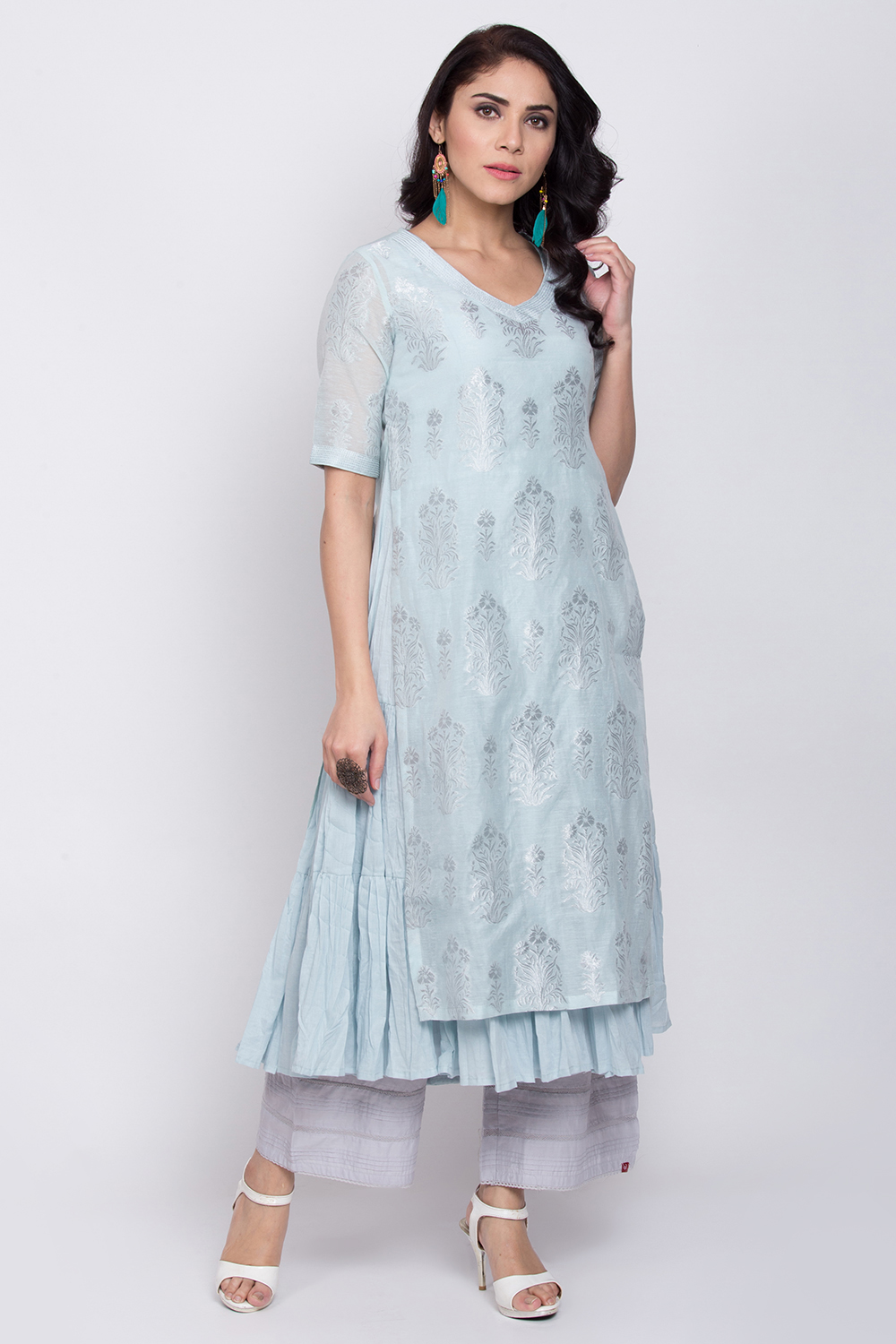 Powder Blue Poly Metallic Cotton Flared Yarndyed Kurta image number 0