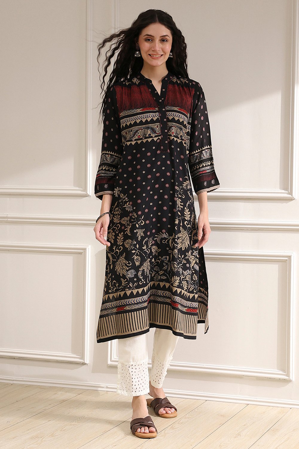 Black Viscose Rayon Straight Printed Kurta image number 0