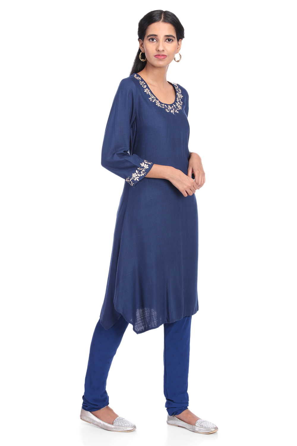 Blue Poly Cotton Asymmetric Printed Kurta image number 2