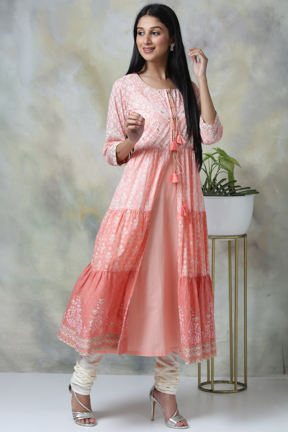 Peach Cotton Double Layered Printed Kurta image number 3