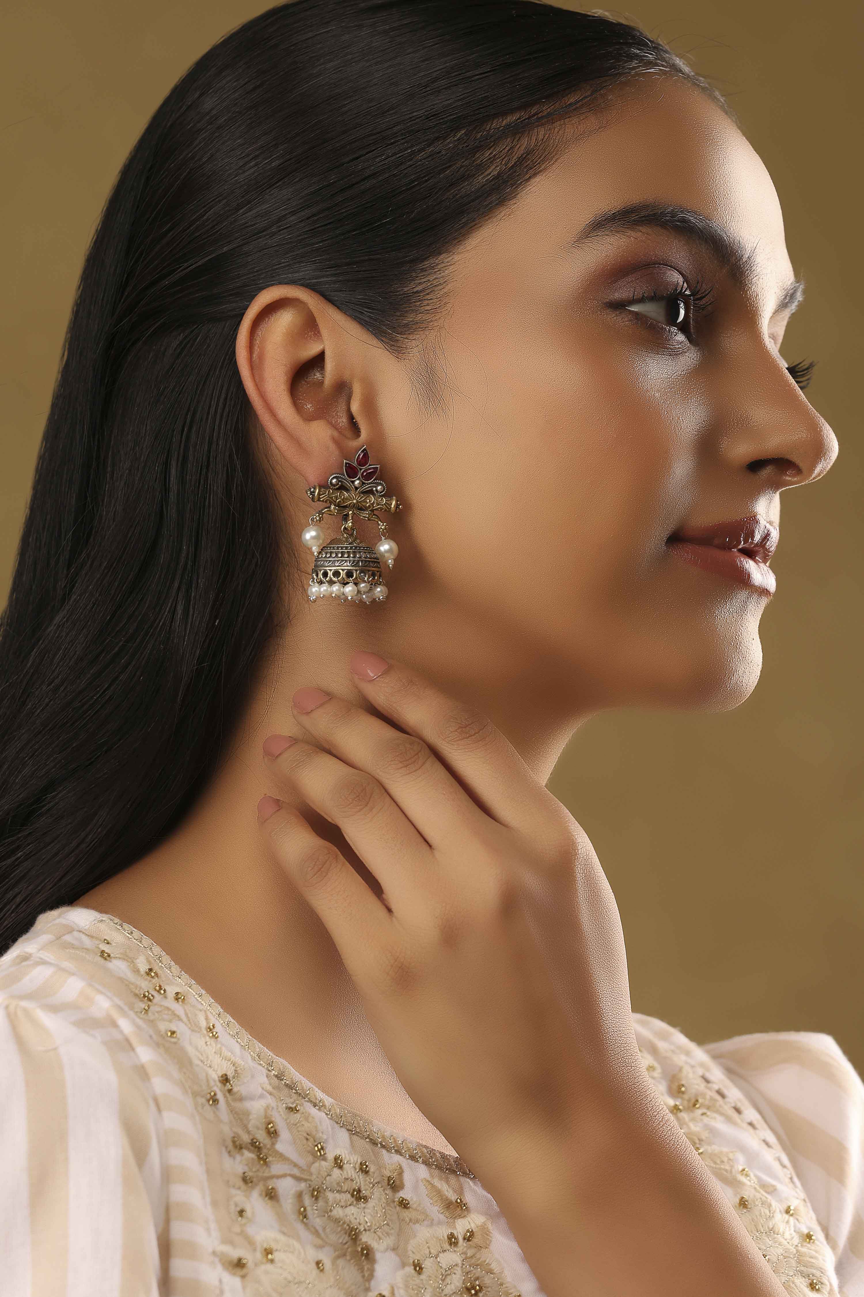 Dark Pink Brass Jhumka image number 3