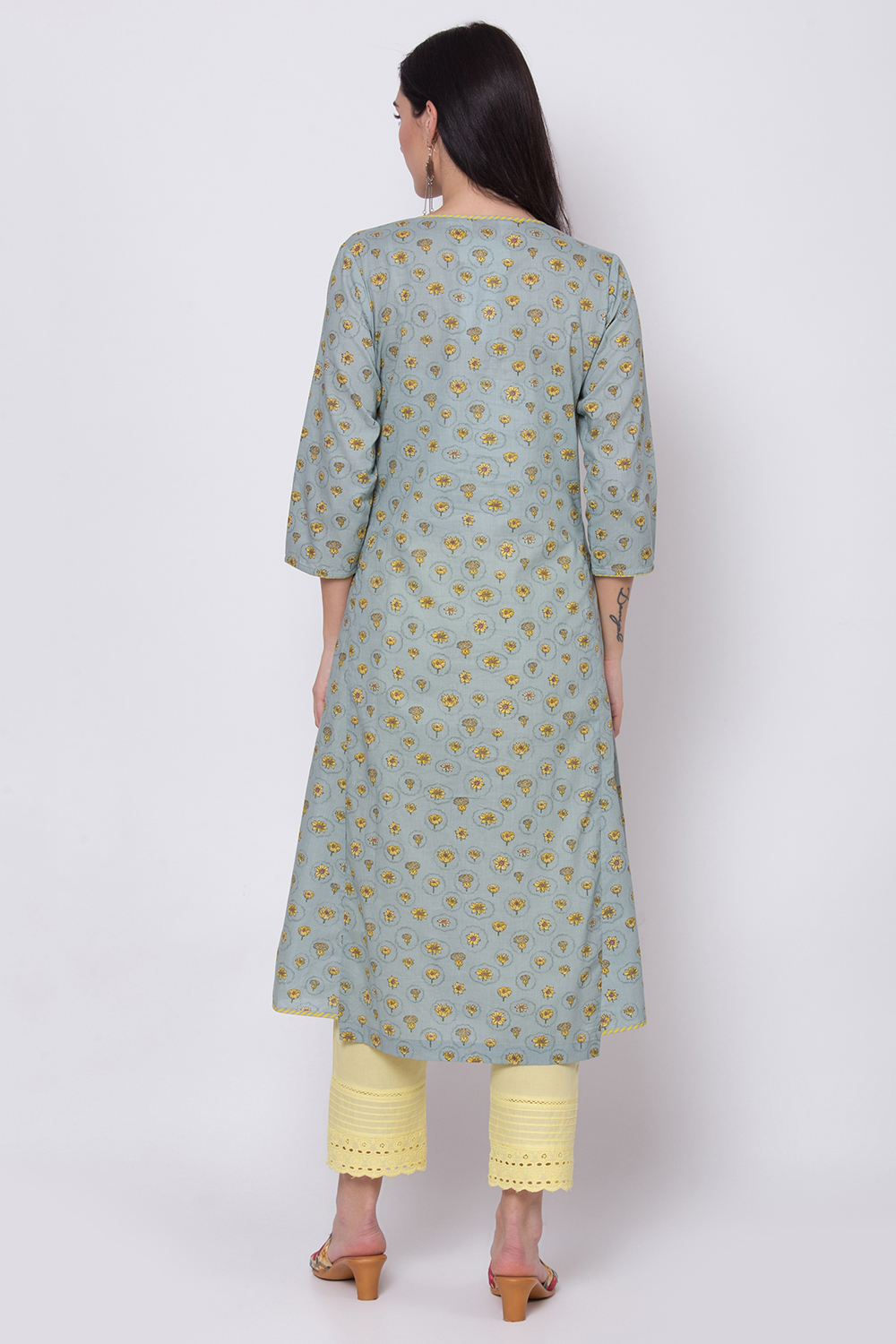 Teal Cotton A-Line Printed Kurta image number 4