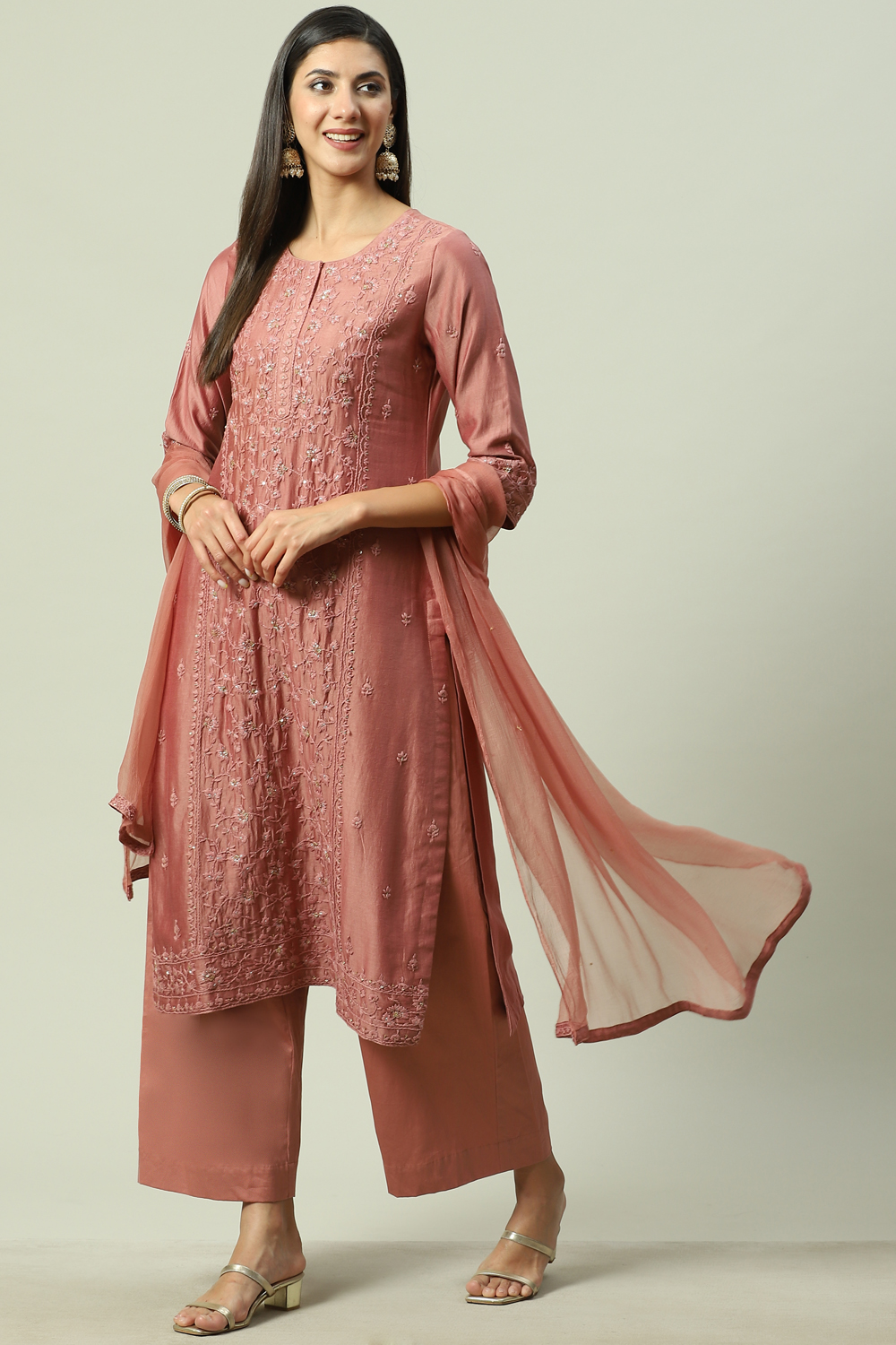 Earthy Peach Cotton Blend Straight Kurta Palazzo Suit Set image number 5