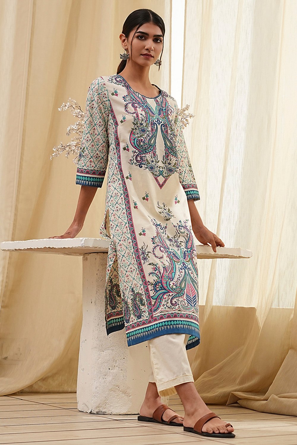 Blue Pure Cotton Printed Straight Kurta image number 0