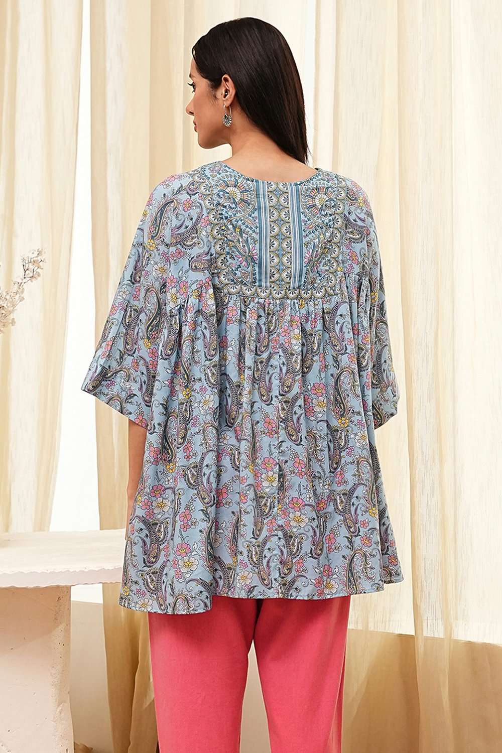 Dull Blue Cotton Flared Short Kurta image number 3
