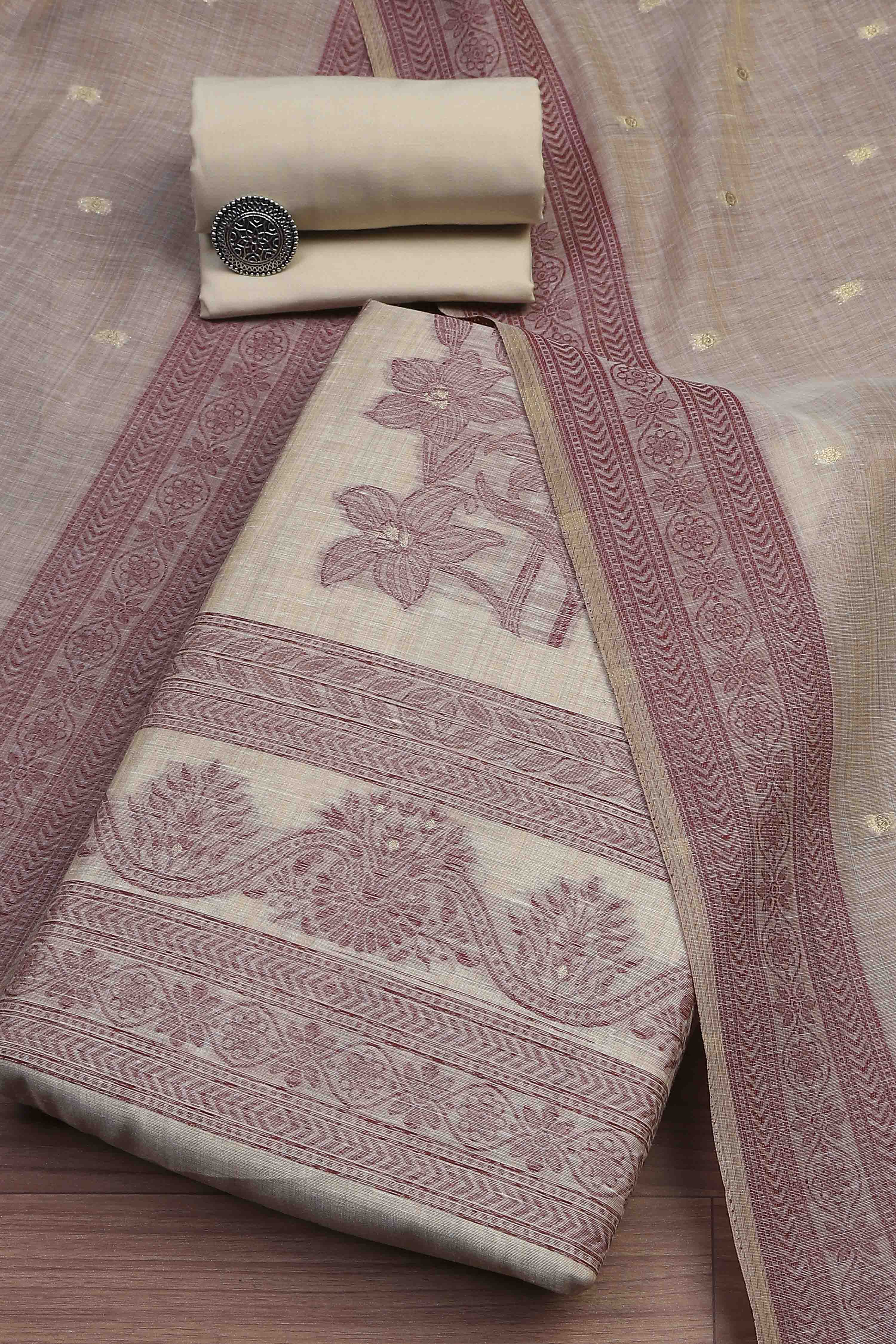 Blue Cotton Royal-Mughal Booti Print Unstitched Suit Set image number 0