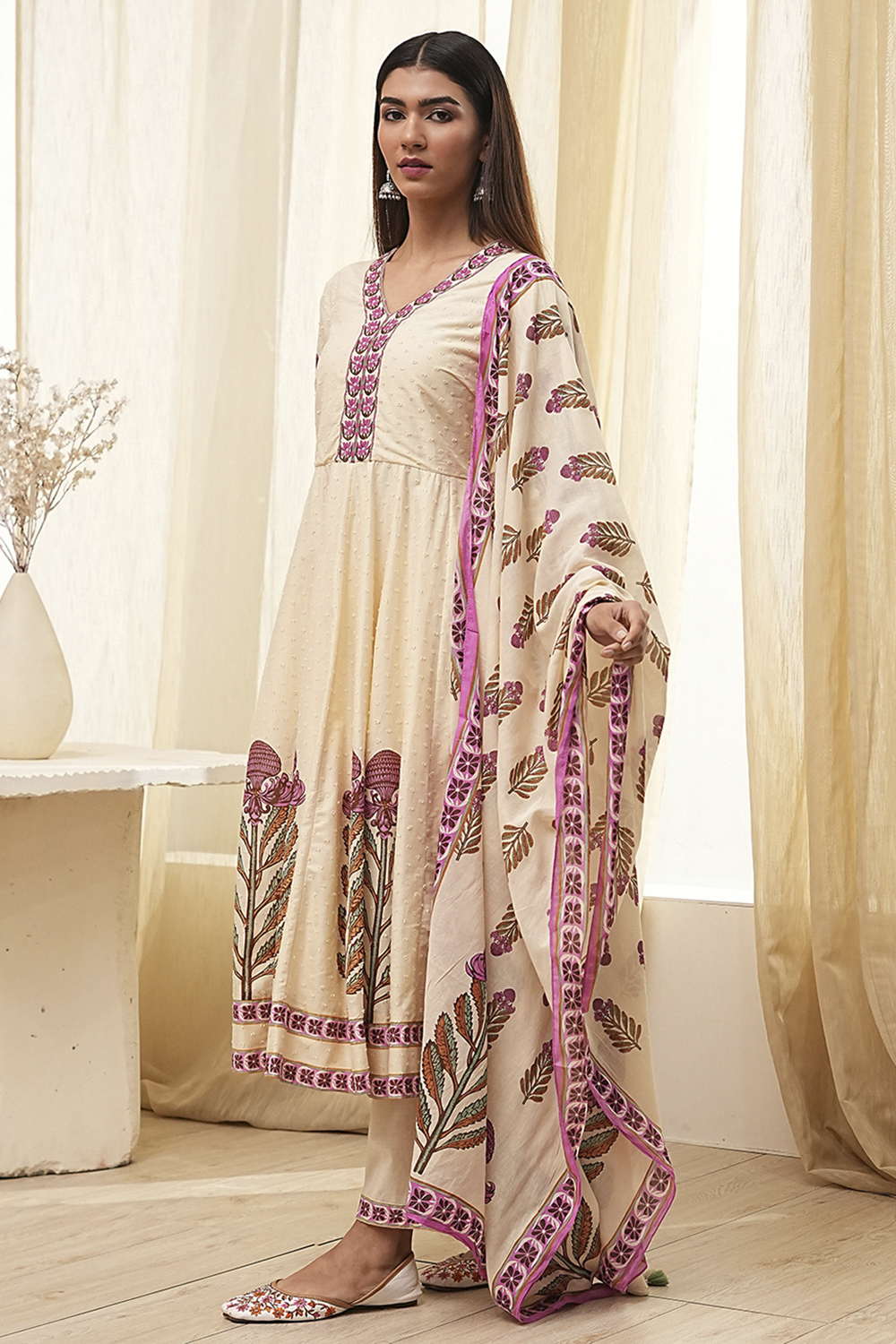 Beige Cotton Printed Anarkali Suit Set image number 3