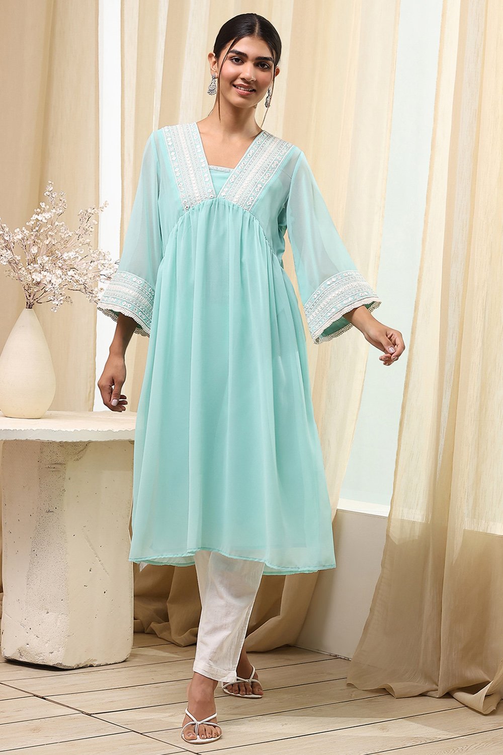 Aqua Polyester Straight Kurta image number 0
