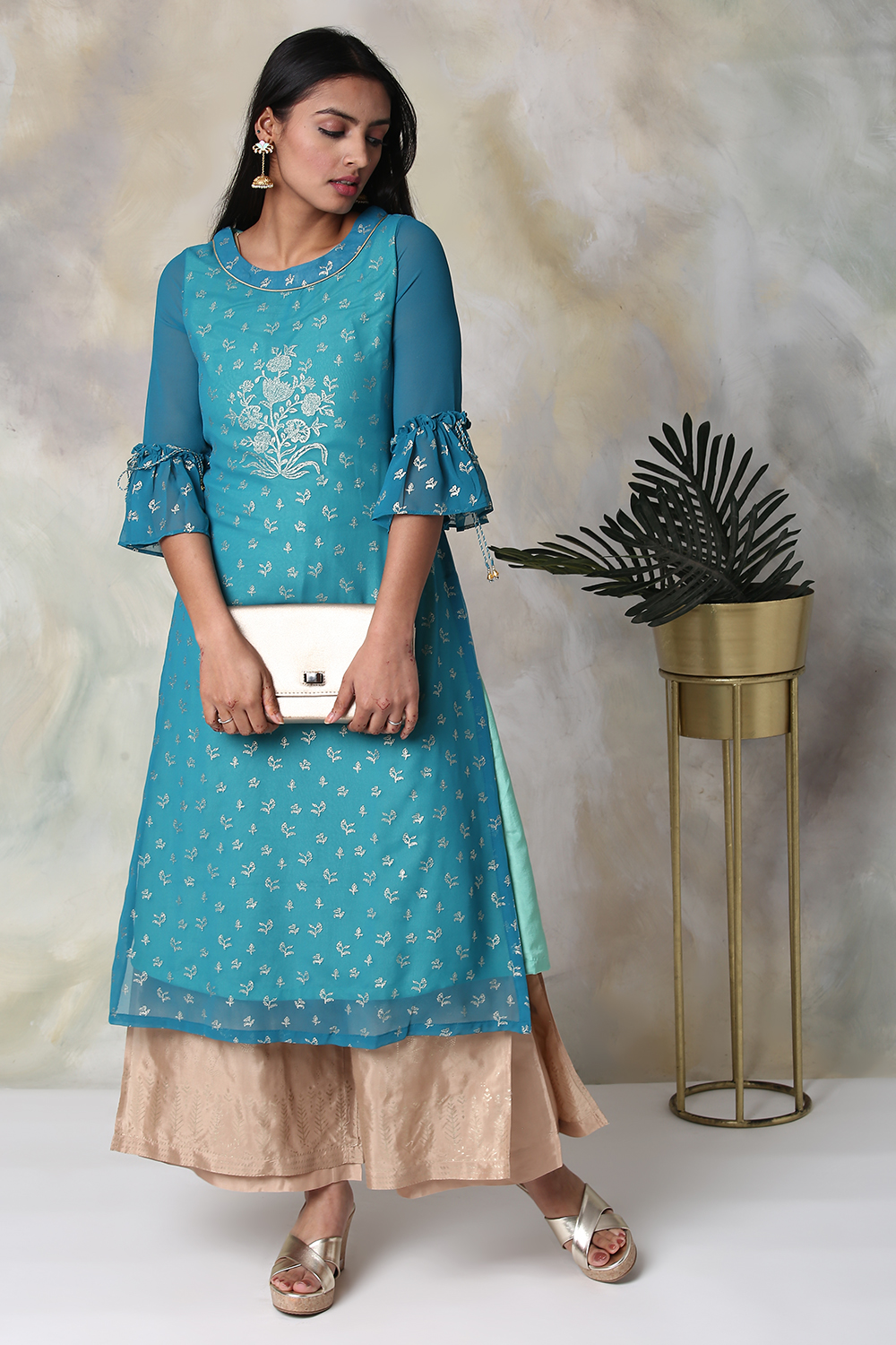 Turquoise Art Silk Straight Printed Kurta image number 5