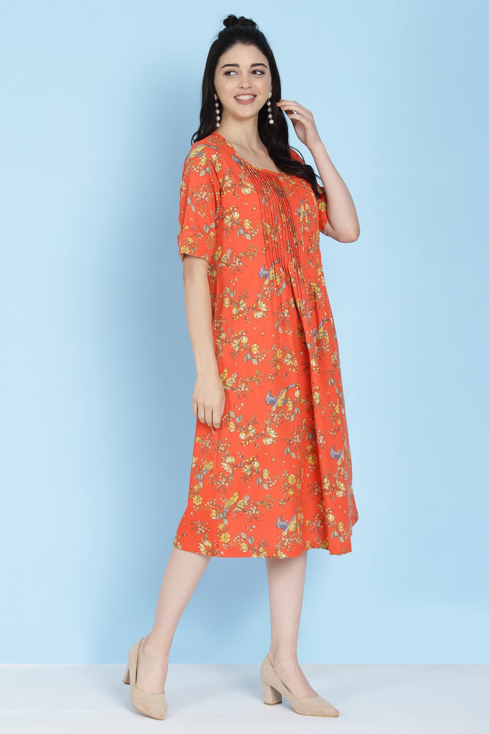 Coral Cotton Flax A-line Printed Kurta Dress image number 2