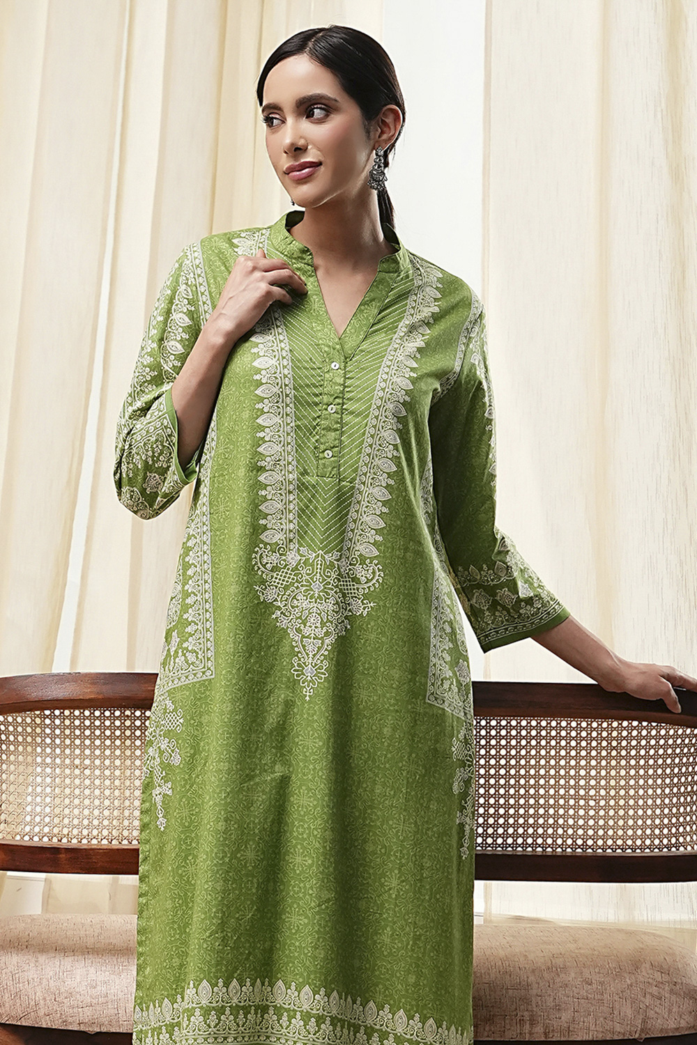 Green Cotton Printed Straight Kurta image number 1
