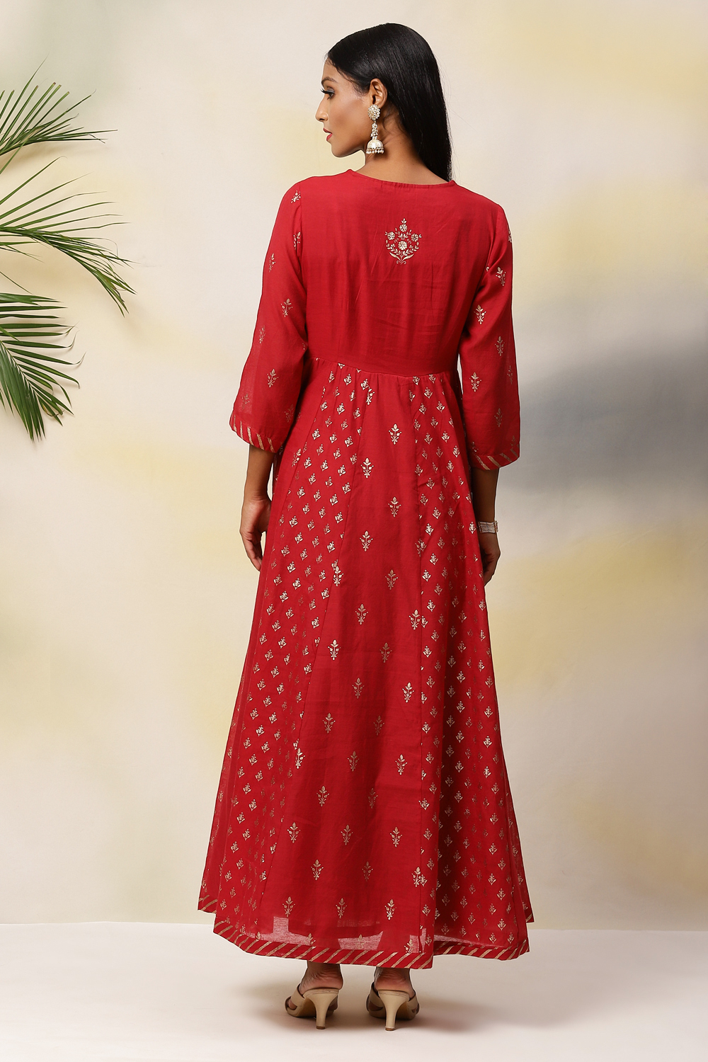Deep Red Flared Poly Cotton Fusion Wear Dress image number 5