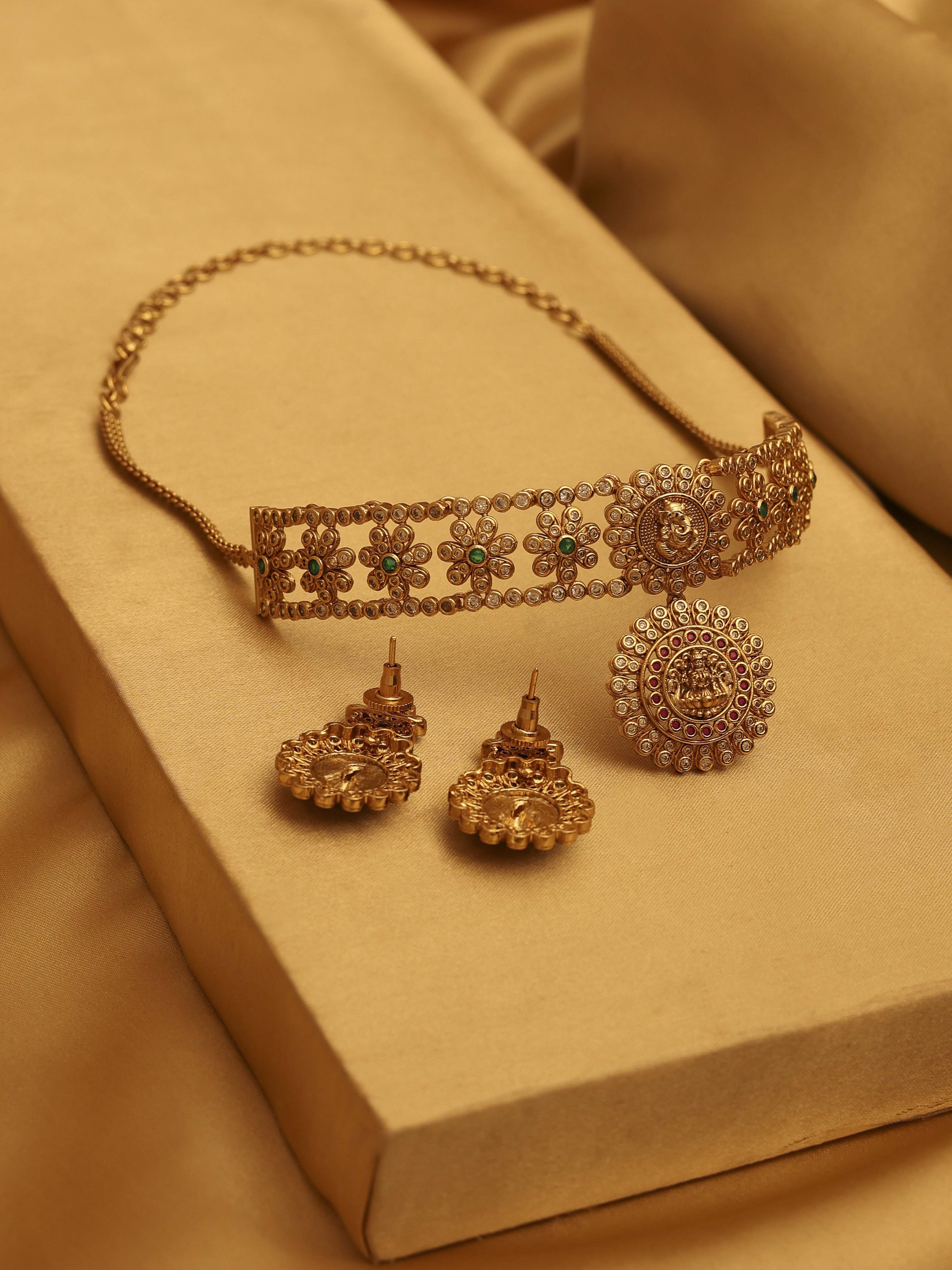 Gold Plated Brass Choker Necklace Set image number 2