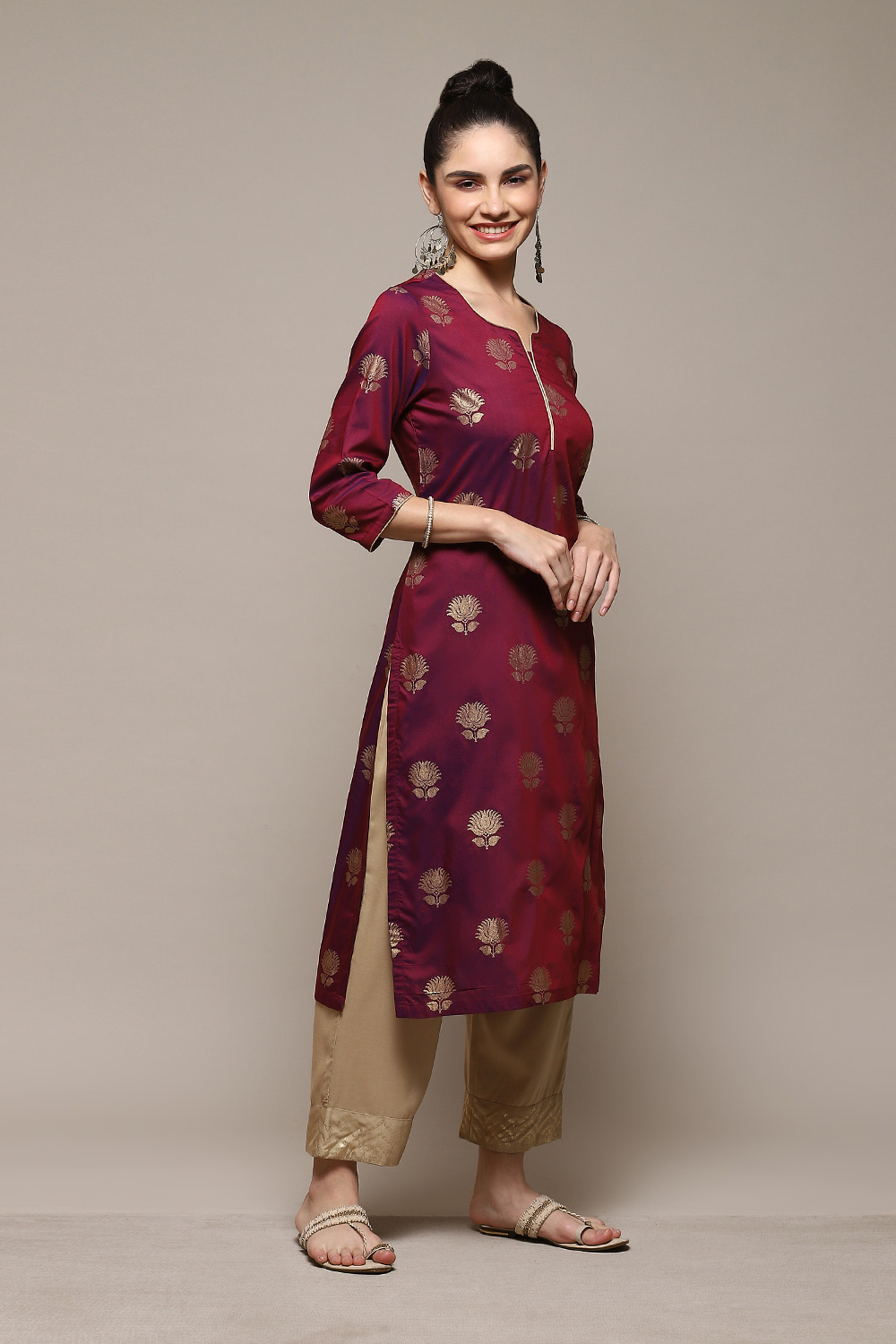 Pink & Purple Poly Viscose Straight Printed Kurta image number 3