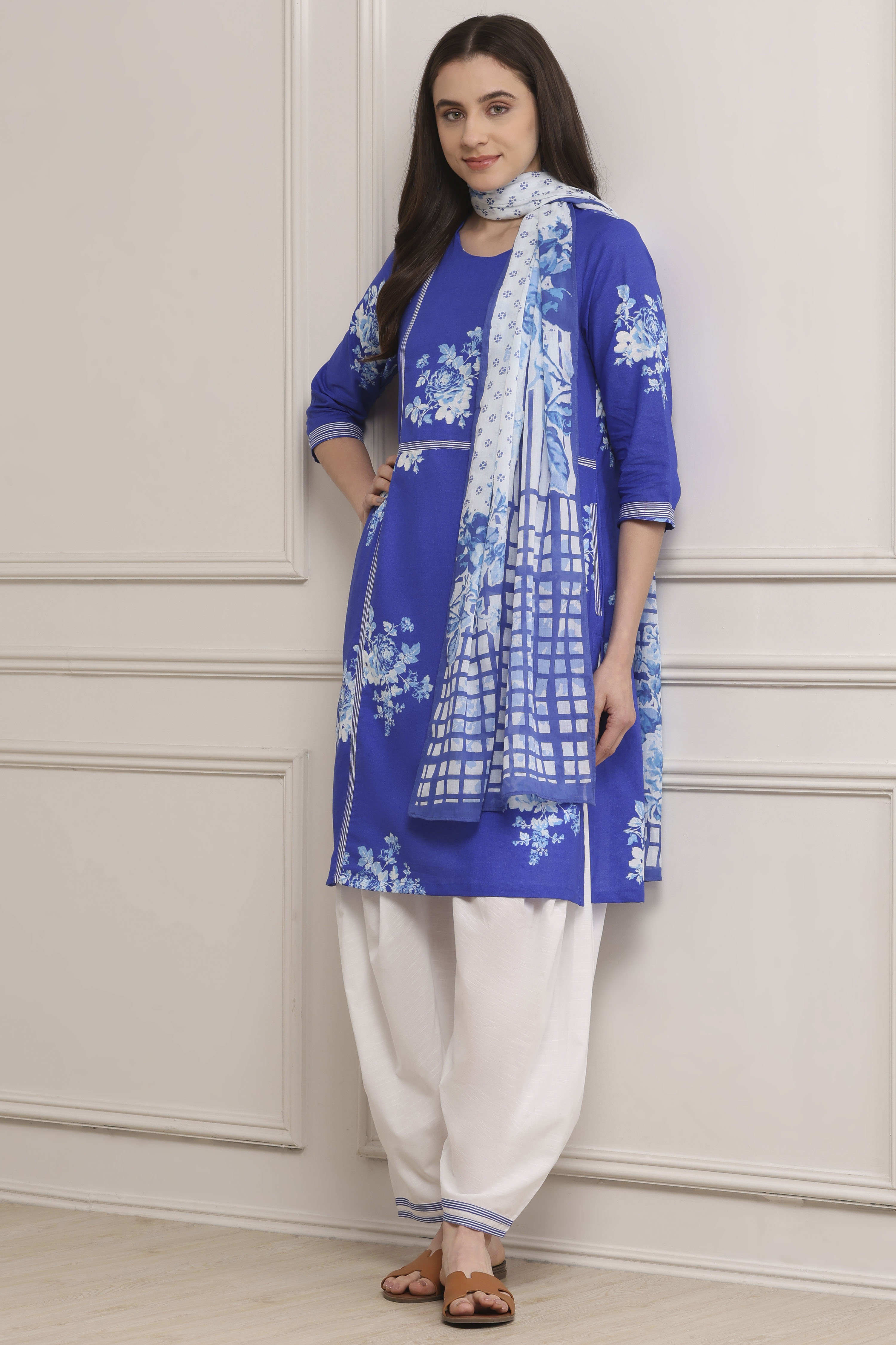 Blue Cotton Straight Suit Set image number 0