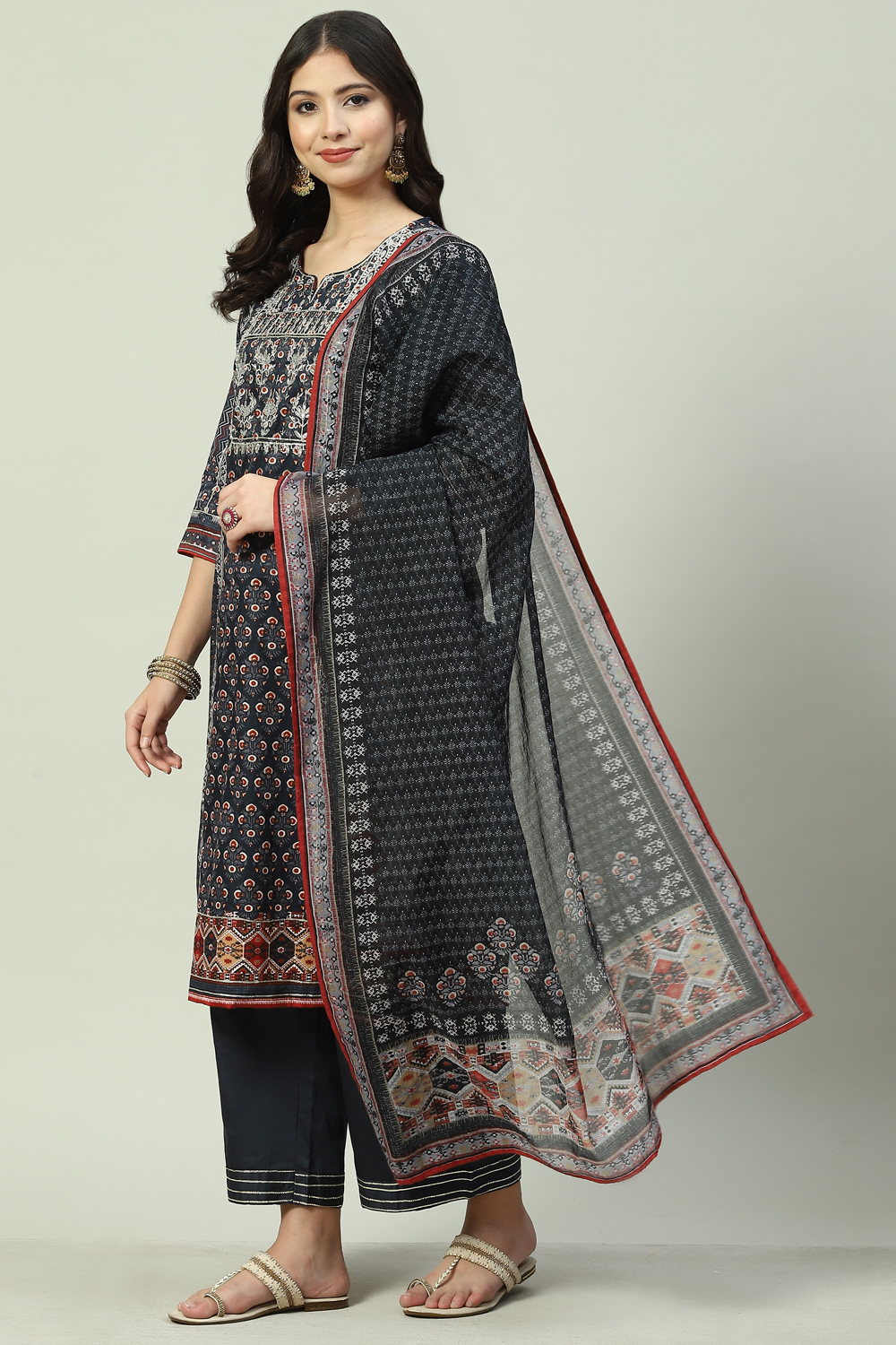 Charcoal Cotton Straight Kurta Slim Pants Suit Set image number 0