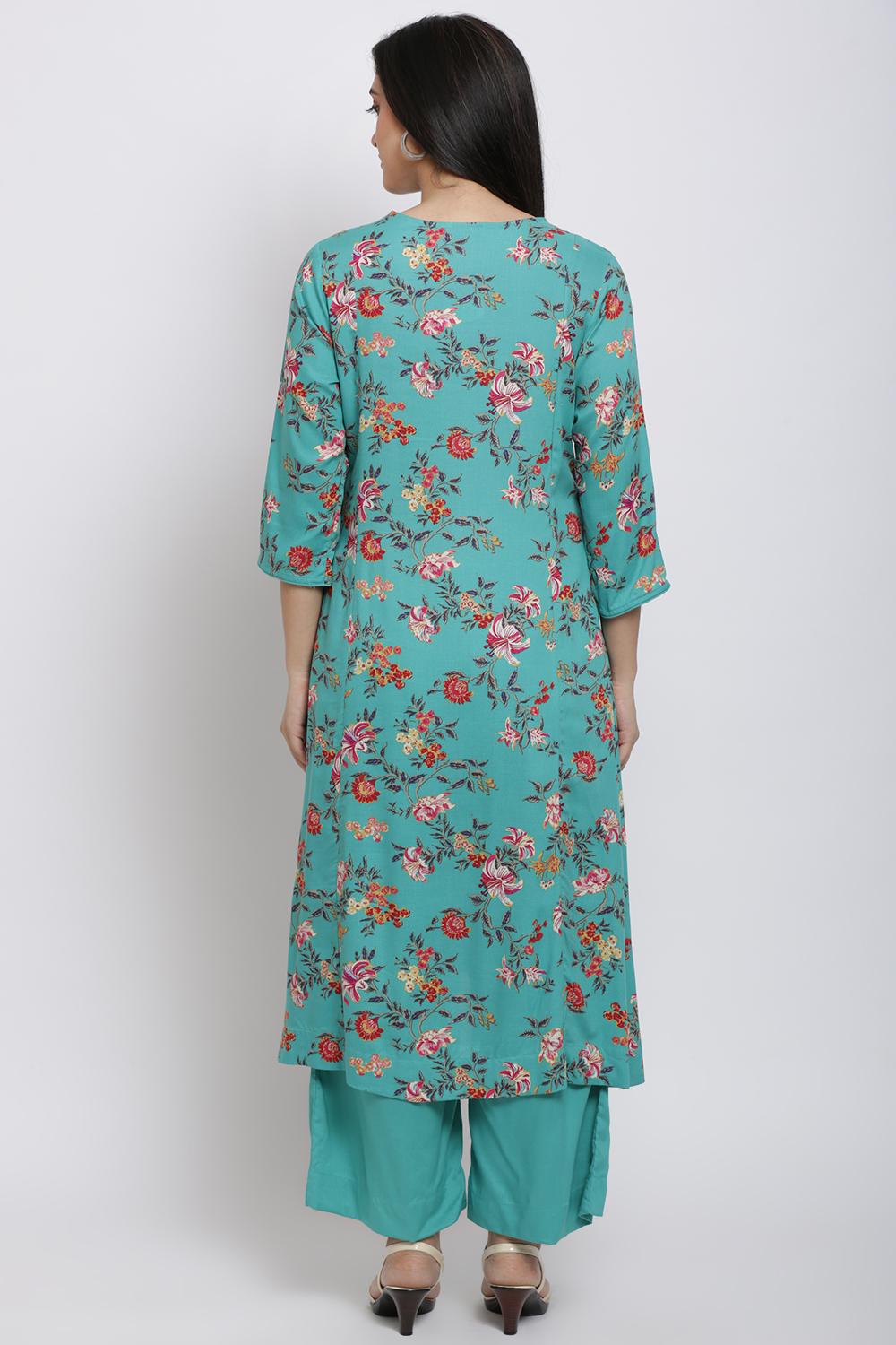 Turquoise Straight Kurta Palazzo Suit Set image number 4