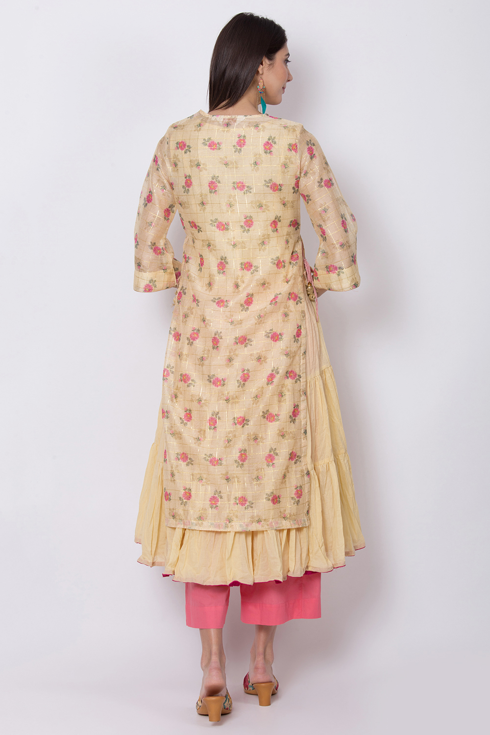 Yellow Poly Metallic Cotton Flared Printed Kurta image number 5