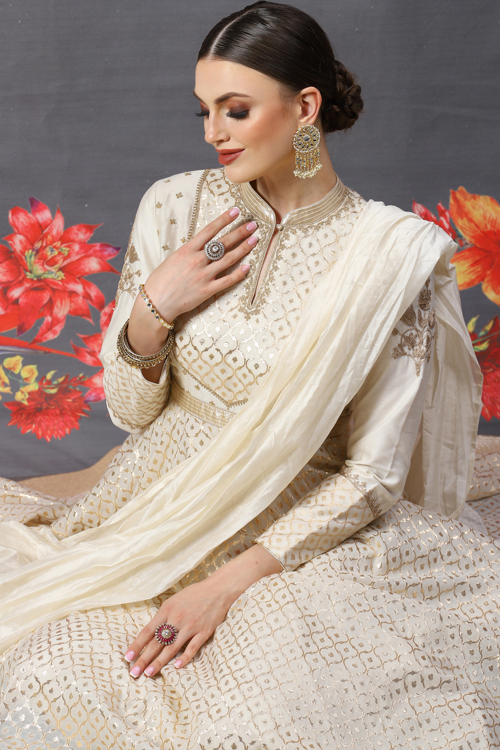 Rohit Bal Cream Cotton Silk Anarkali Yarndyed Suit Set image number 7