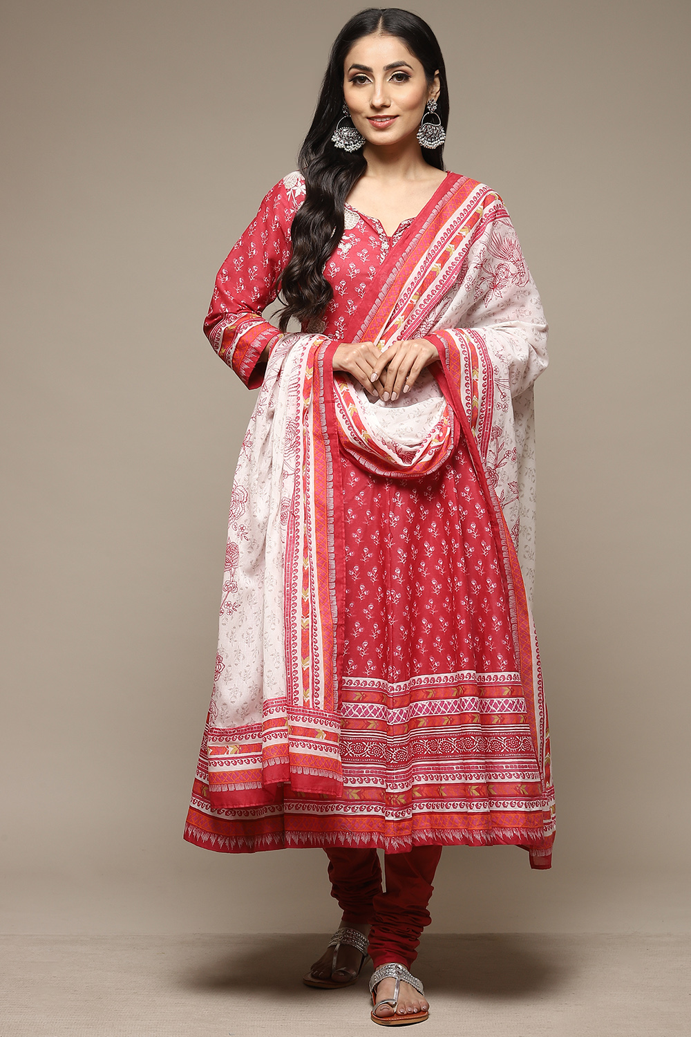 Red Cotton Anarkali Kurta Churidar Suit Set image number 7