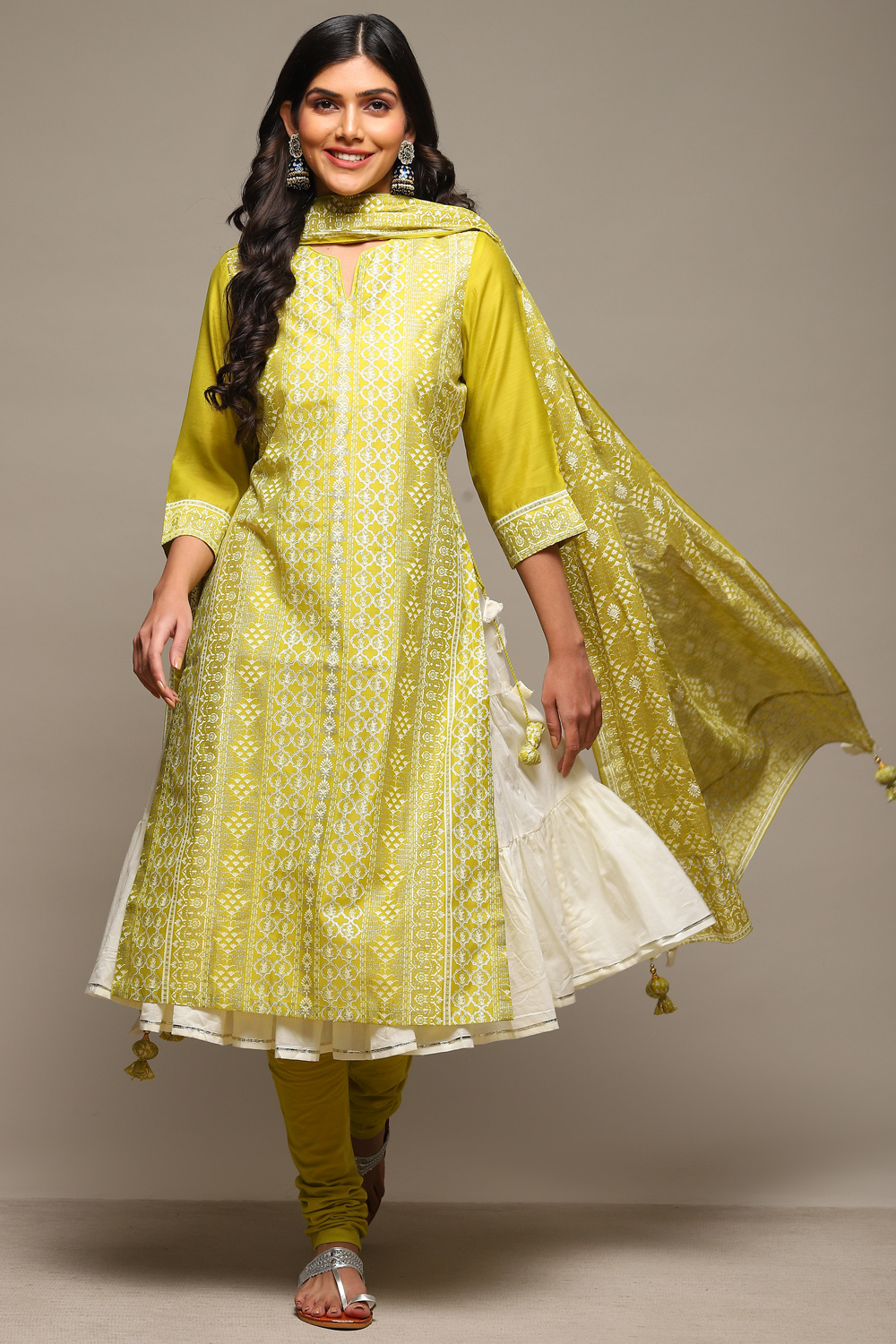 Lime Green Cotton Blend Layered Kurta Churidar Suit Set Combines Kurta Churidar With Dupatta