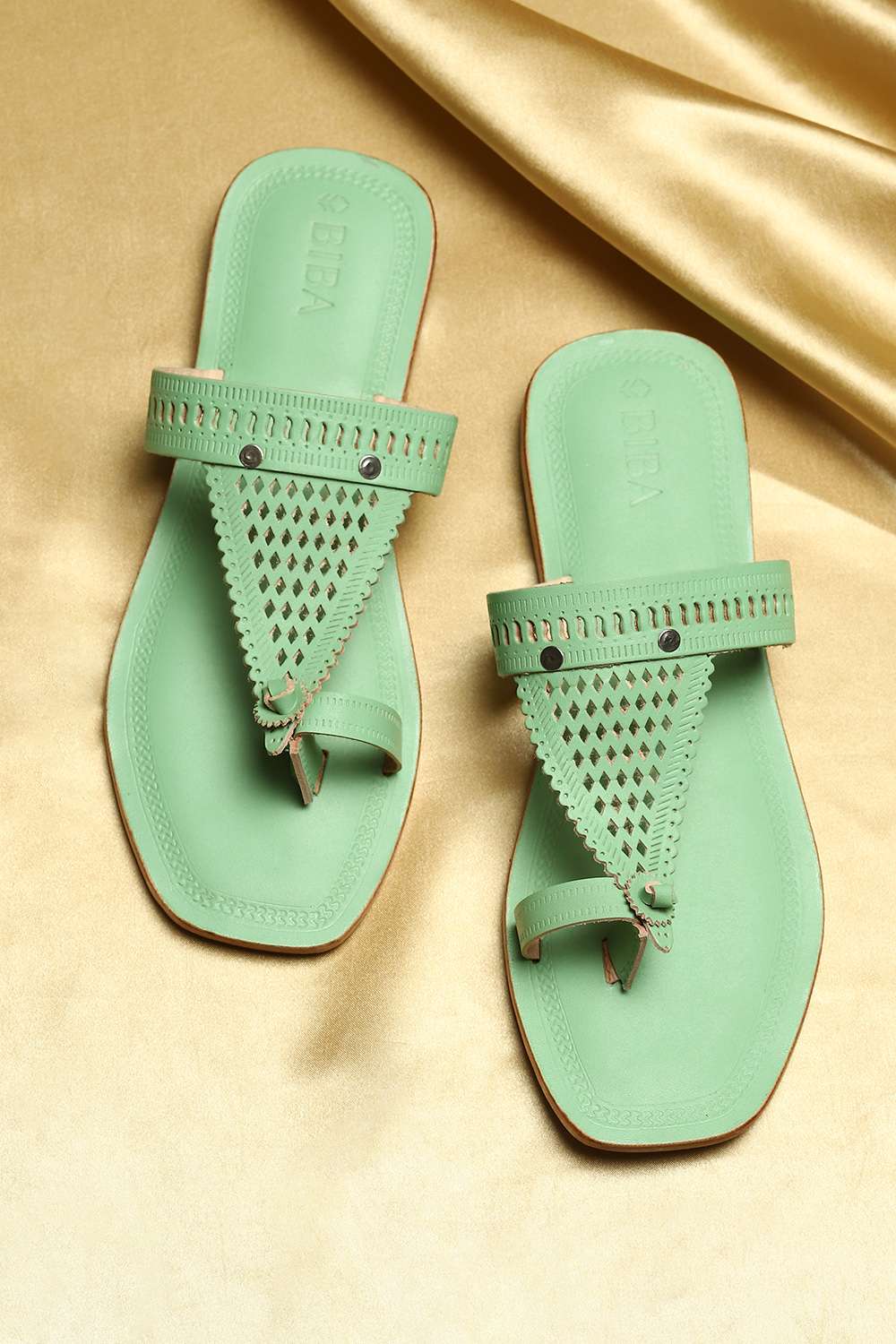 Pista Green Leather Kolhapuri Sandals
