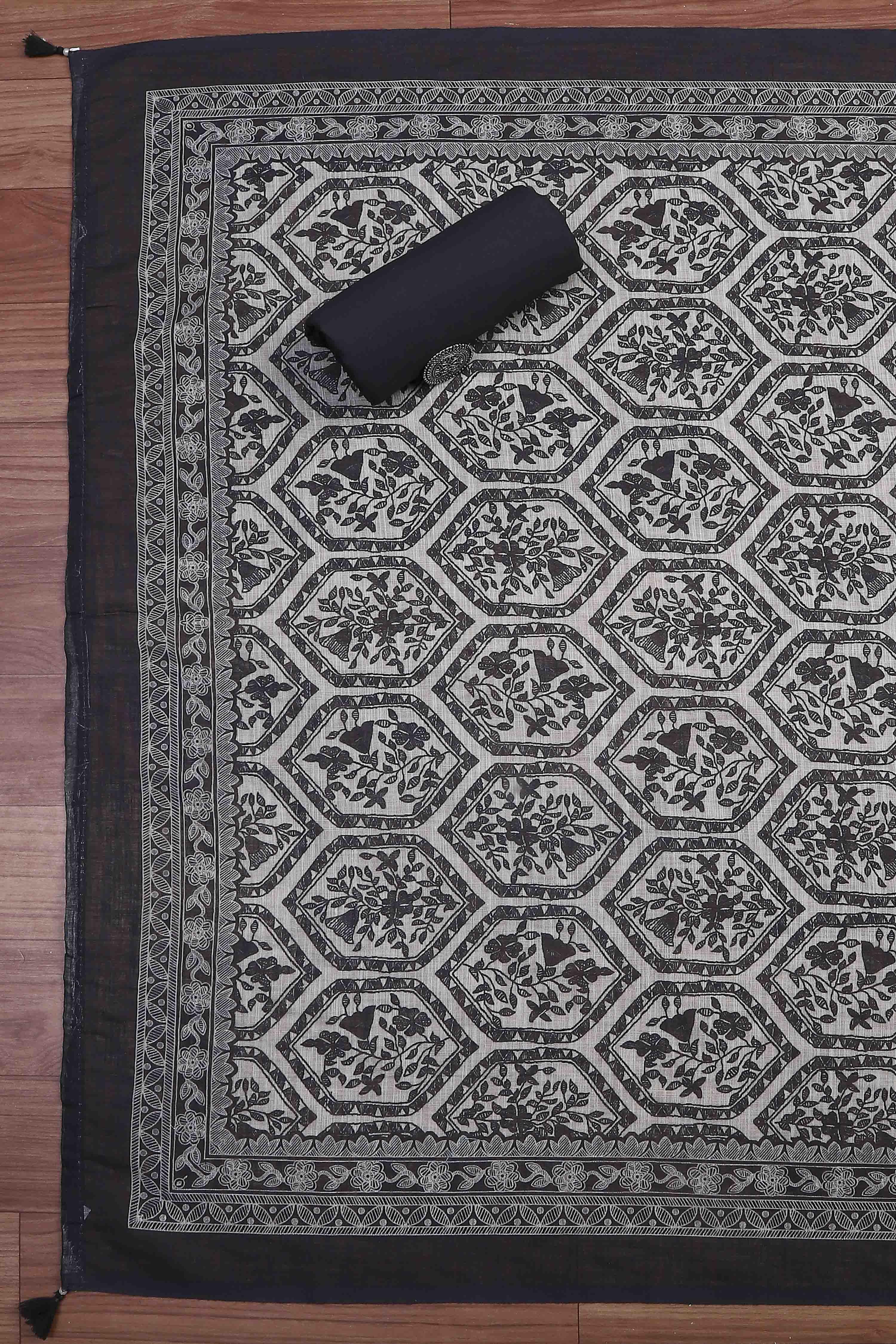 Beige Linen Booti Print Unstitched Suit Set image number 3