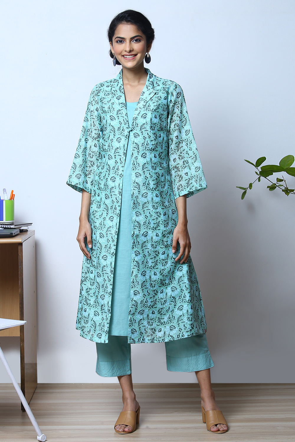 Mint Green Art Silk Straight Kurta Relaxed Pant Suit Set image number 0