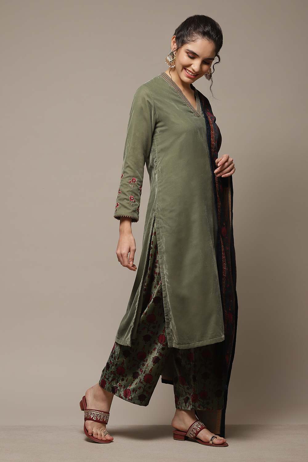 Dark Military Green Art Silk Straight Kurta Palazzo Suit Set image number 4