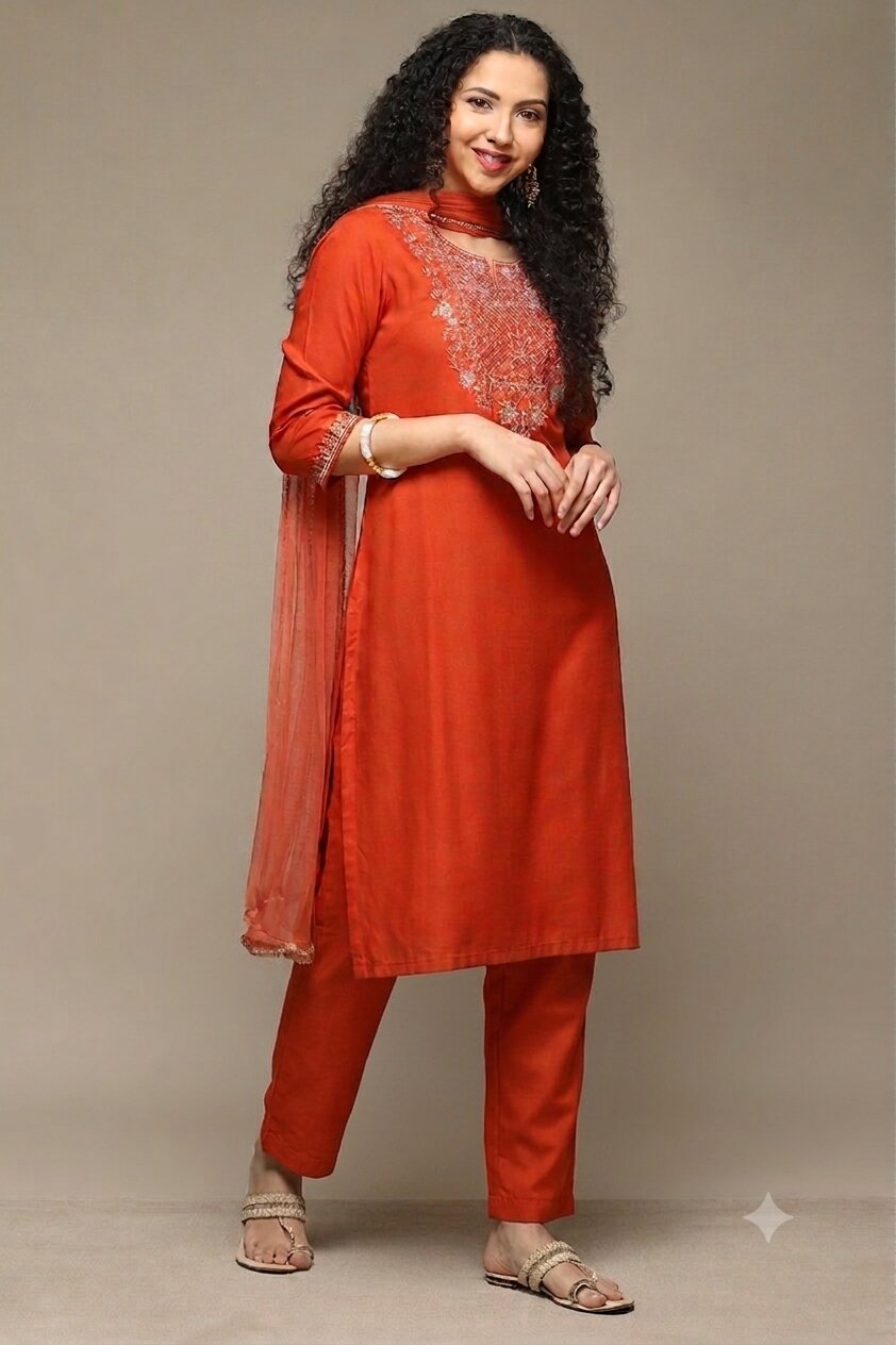 Burnt Orange Rayon Straight Kurta Pants Suit Set image number 6