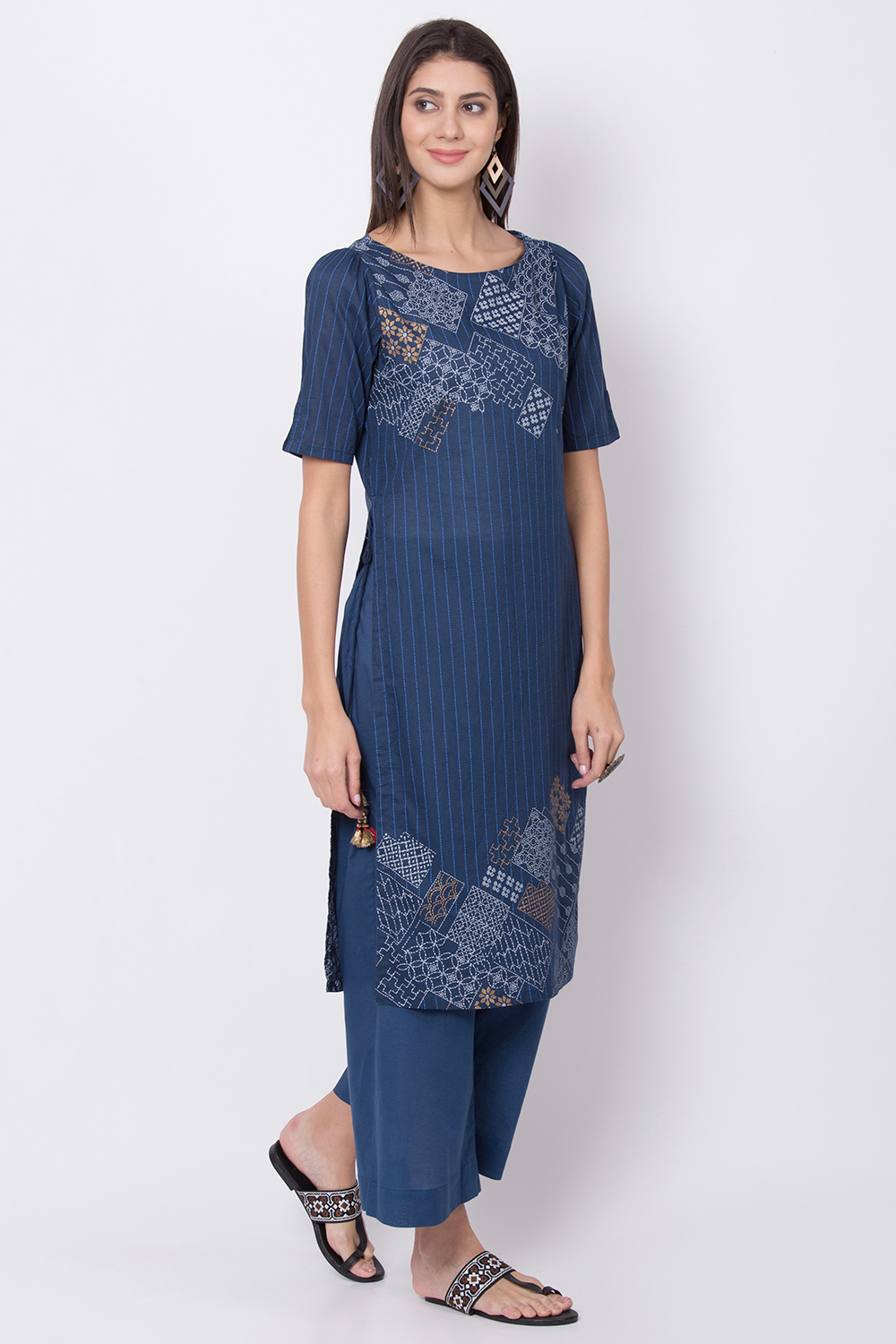 Indigo Cotton Straight Printed Kurta image number 3