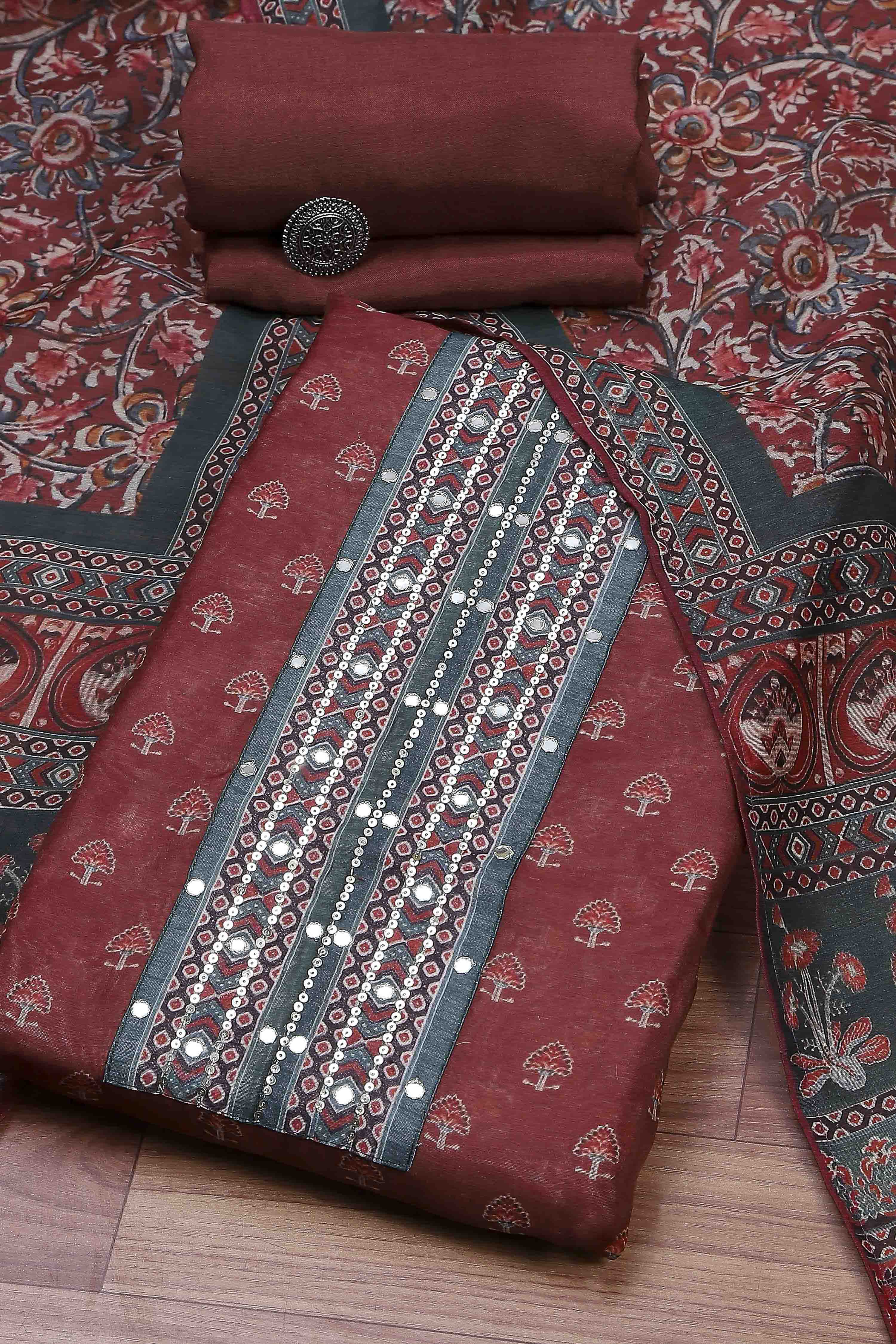 Olive Green Chanderi Rajasthani Print Unstitched Suit Set image number 0