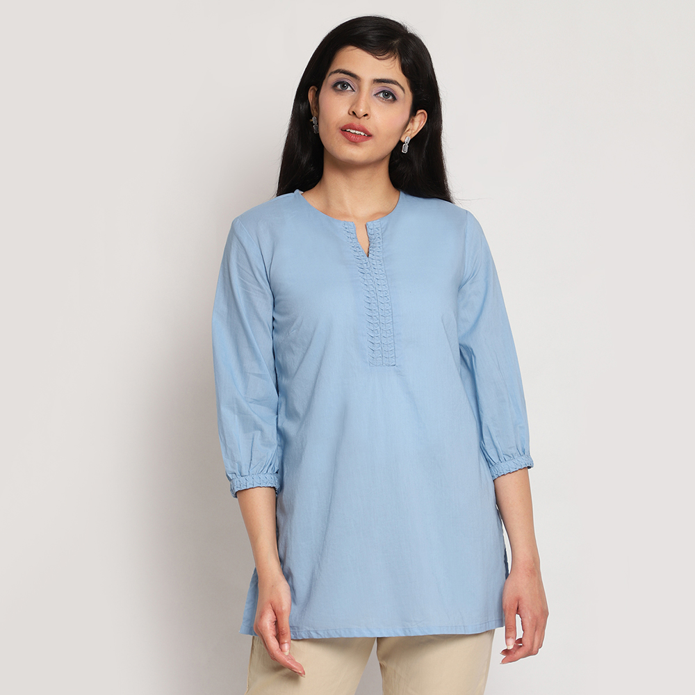 Sky Blue Cotton Short Solid Kurti image number 0