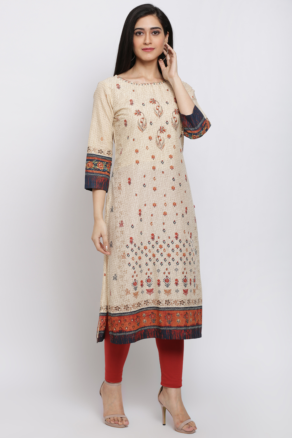 Cream Cotton Straight Printed Kurta image number 3