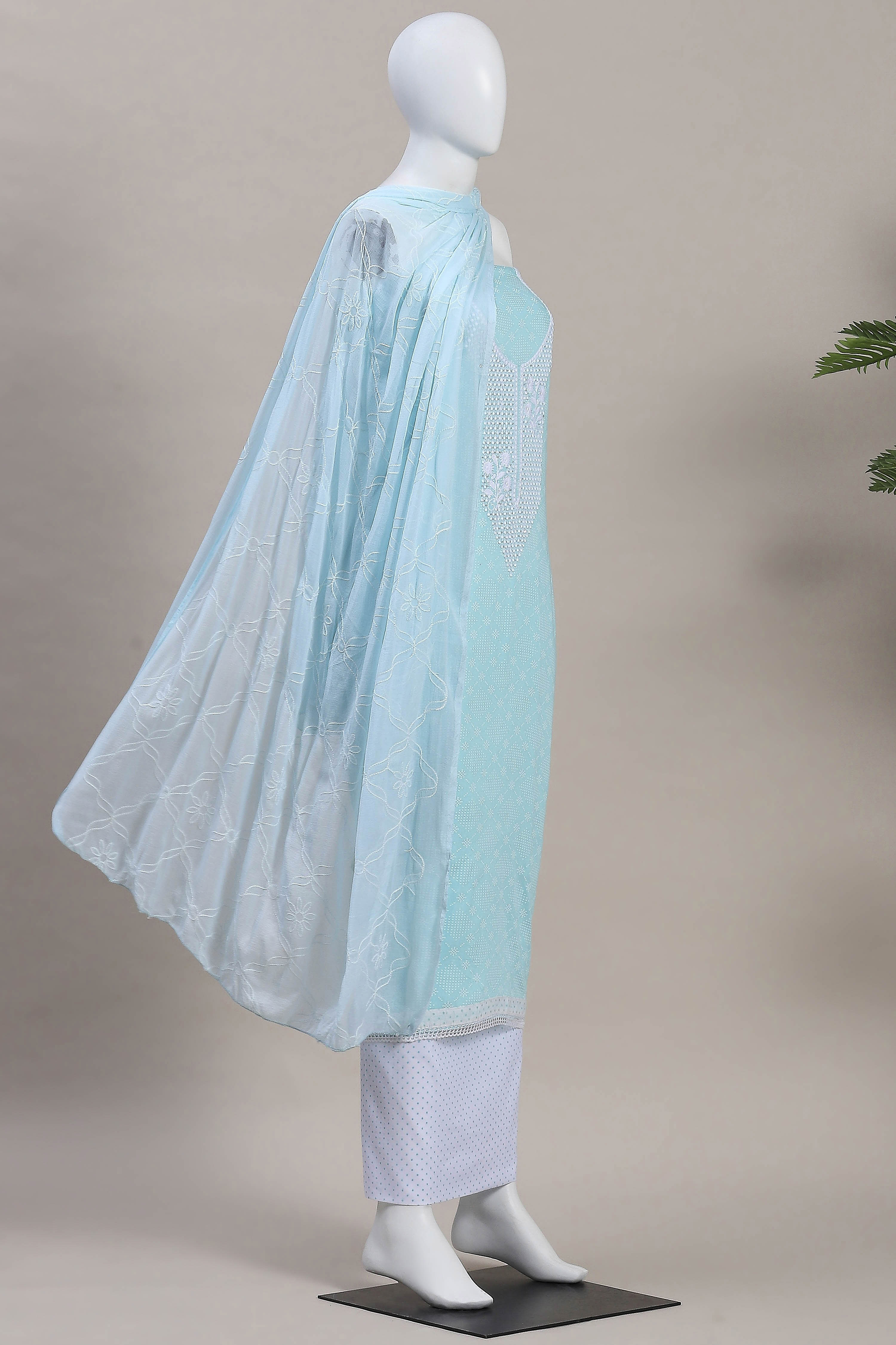 Blue Cotton Printed Embroidered Unstitched Suit Set image number 4