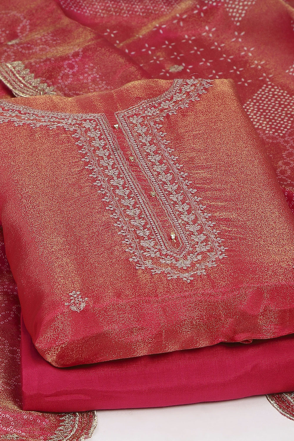 Pink Tissue Hand Embroidered Unstitched Suit Set image number 5