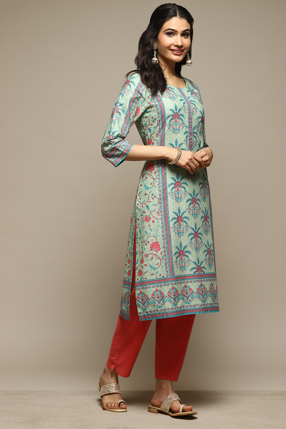 Green Cotton Straight Printed Kurta