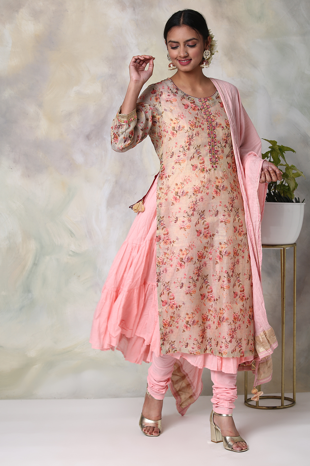 Blush Pink Cotton Double Layered Kurta Churidar Suit Set image number 5